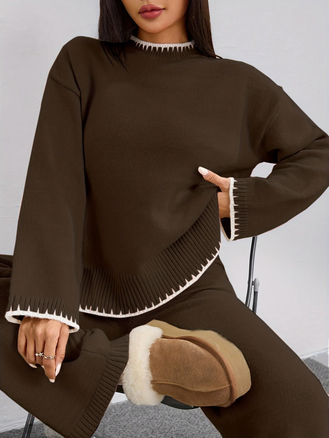 WL Atelier | Elegant Contrast Pullover Sweater & Pants Two-Piece Set