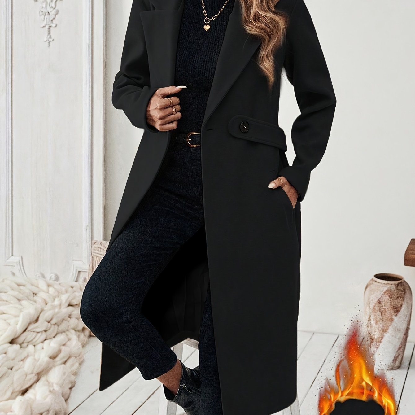 WL Atelier | Elegant Long Black Tweed Coat with Belt