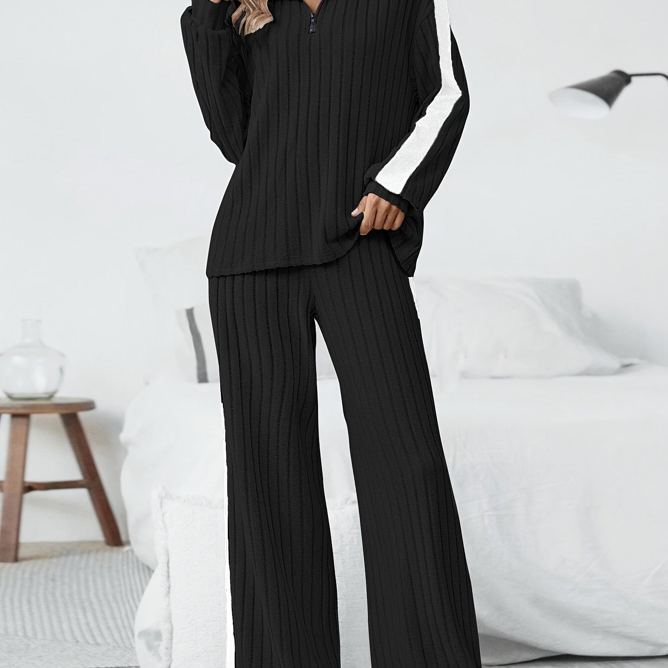 WL Atelier | Striped Collar Top & Color-Block Wide-Leg Pants Set