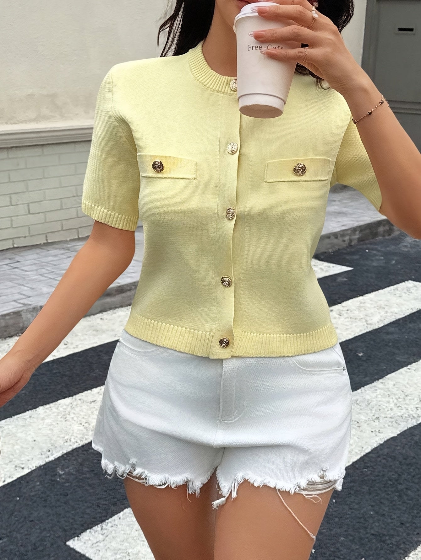 WL Atelier | Yellow Short-Sleeve Button-Front Knit Top