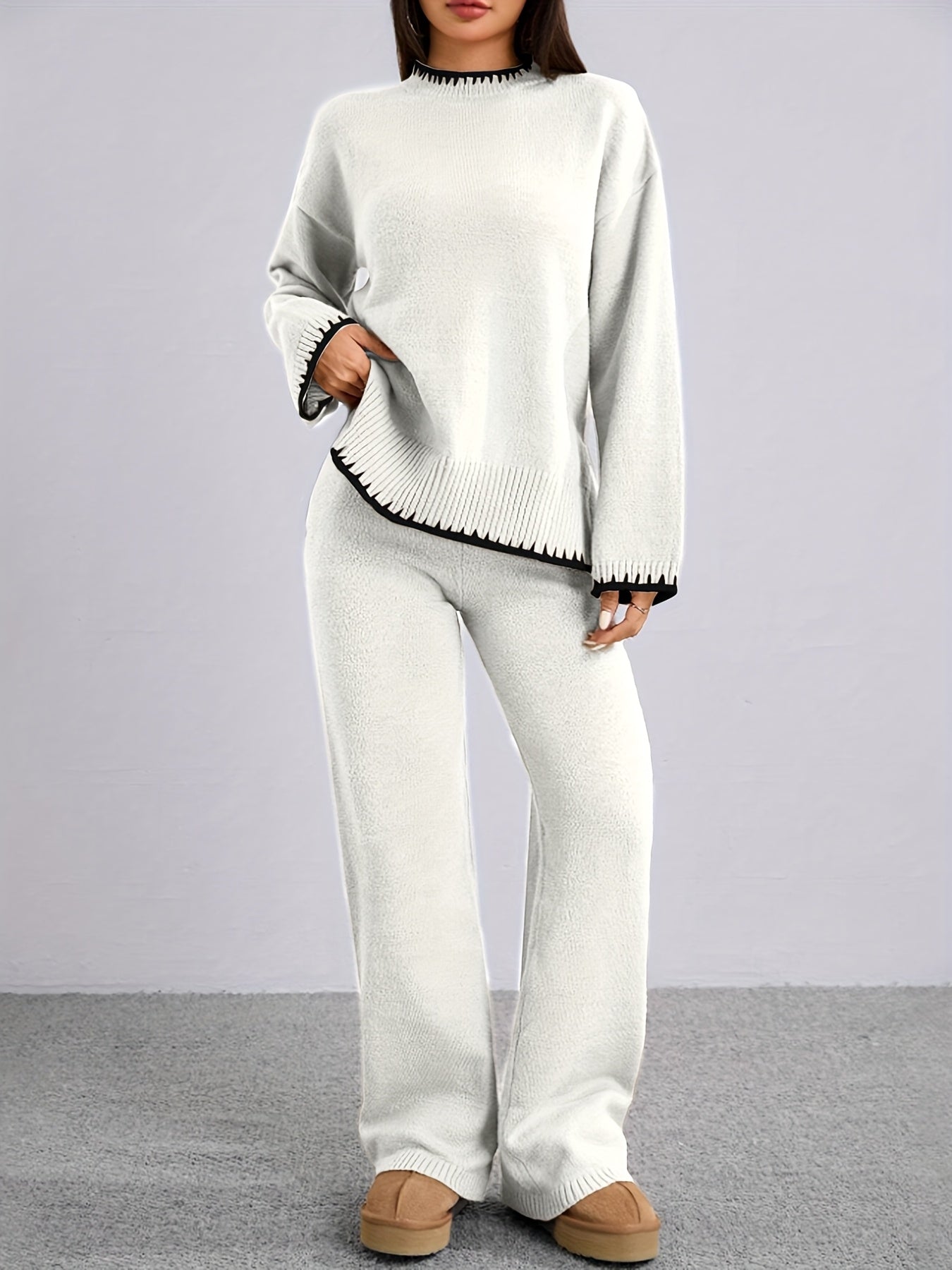 WL Atelier | Elegant Contrast Pullover Sweater & Pants Two-Piece Set