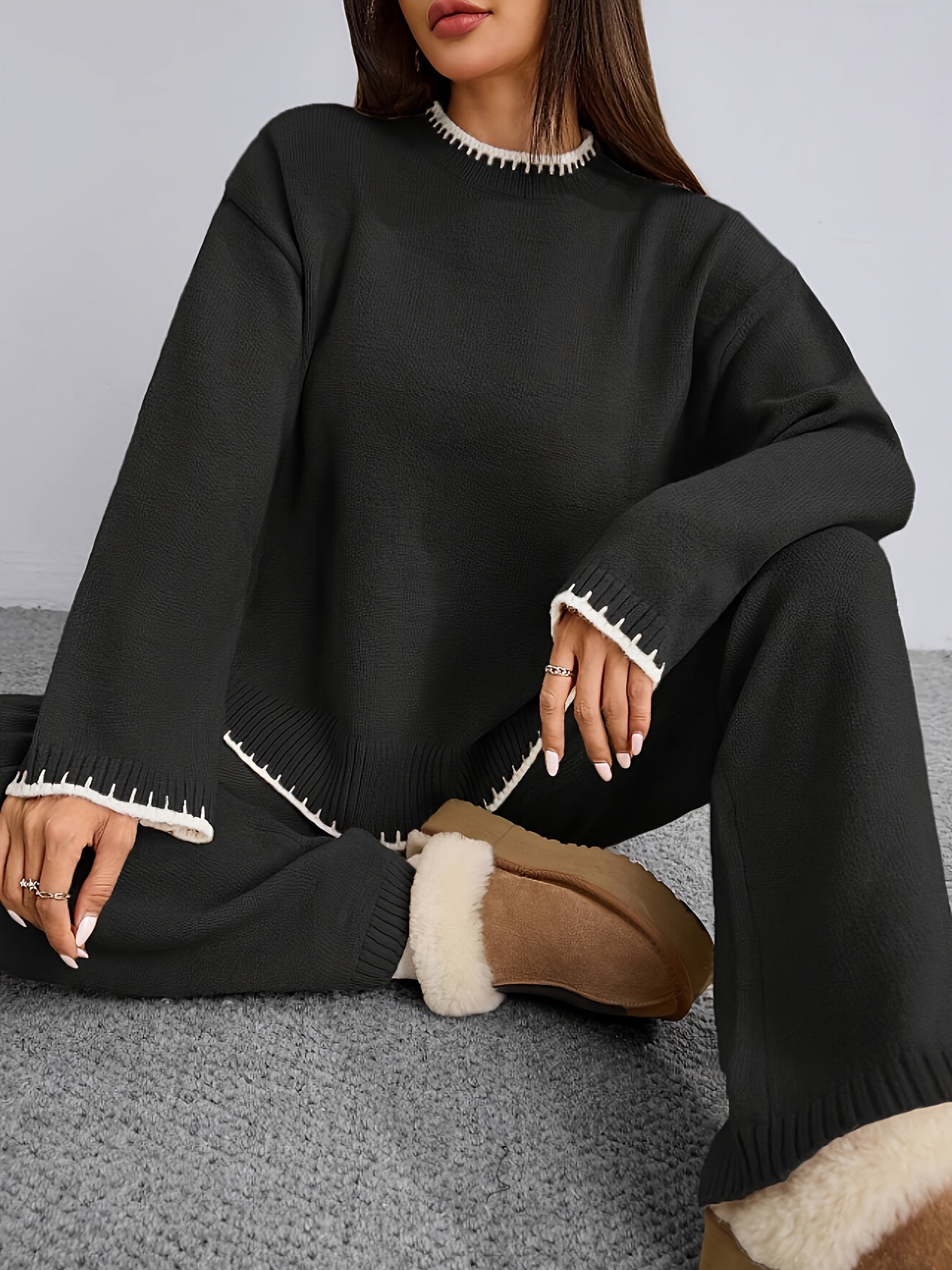 WL Atelier | Elegant Contrast Pullover Sweater & Pants Two-Piece Set