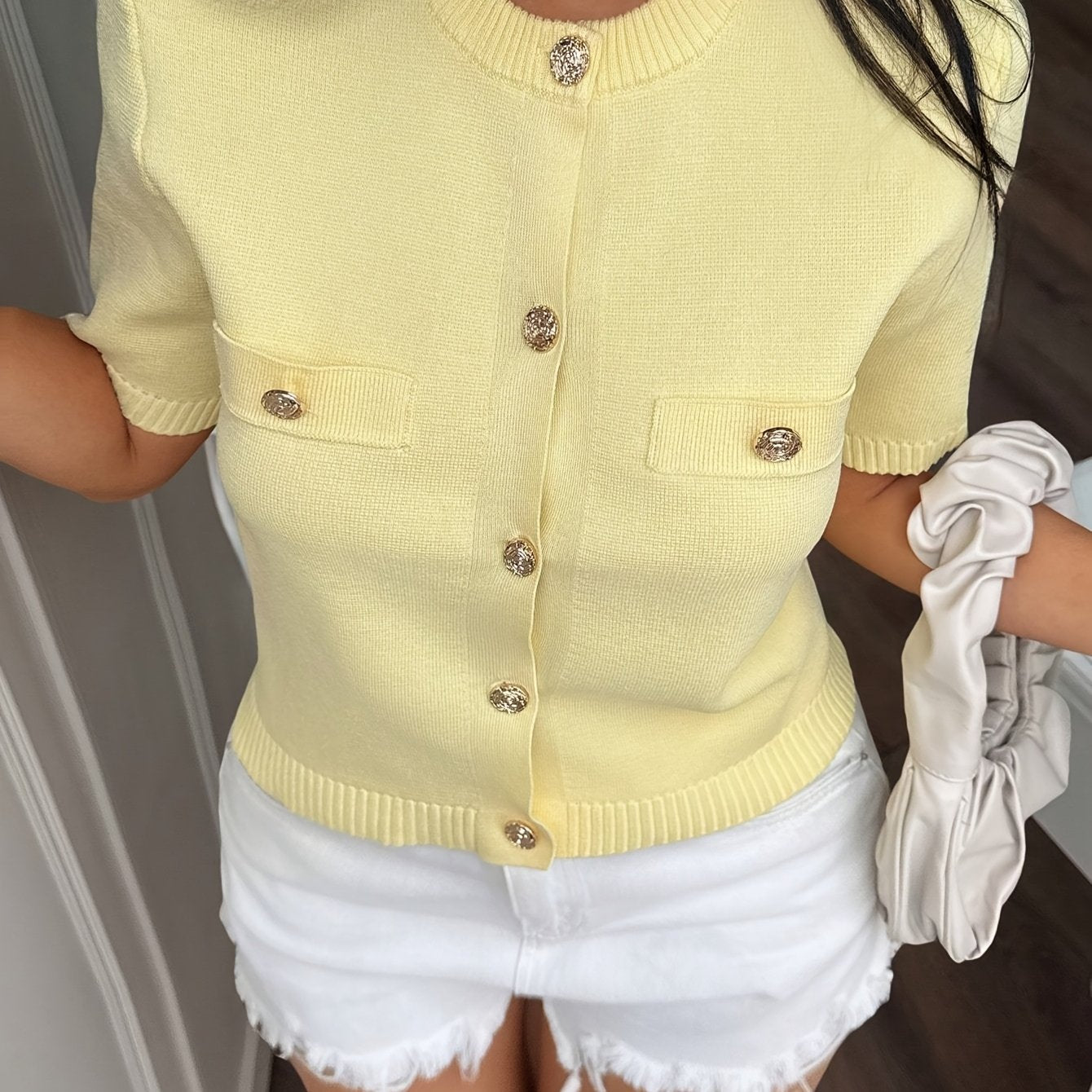 WL Atelier | Yellow Short-Sleeve Button-Front Knit Top