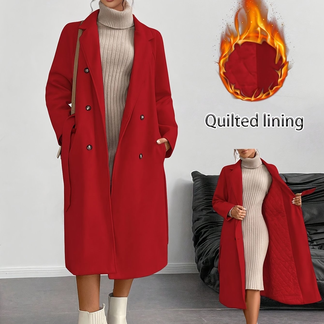 WL Atelier | Elegant Double-Breasted Long Coat with Belt
