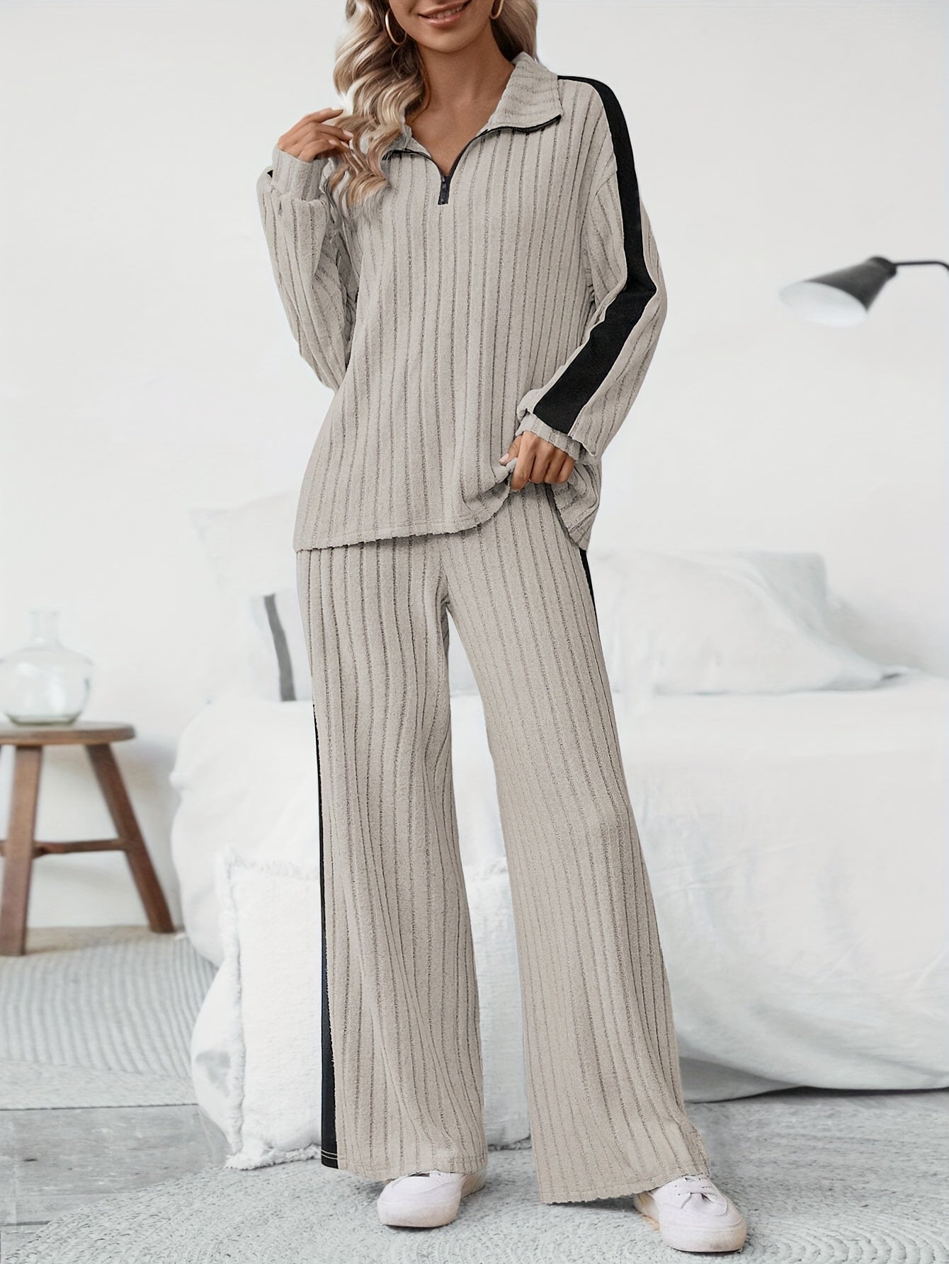 WL Atelier | Striped Collar Top & Color-Block Wide-Leg Pants Set