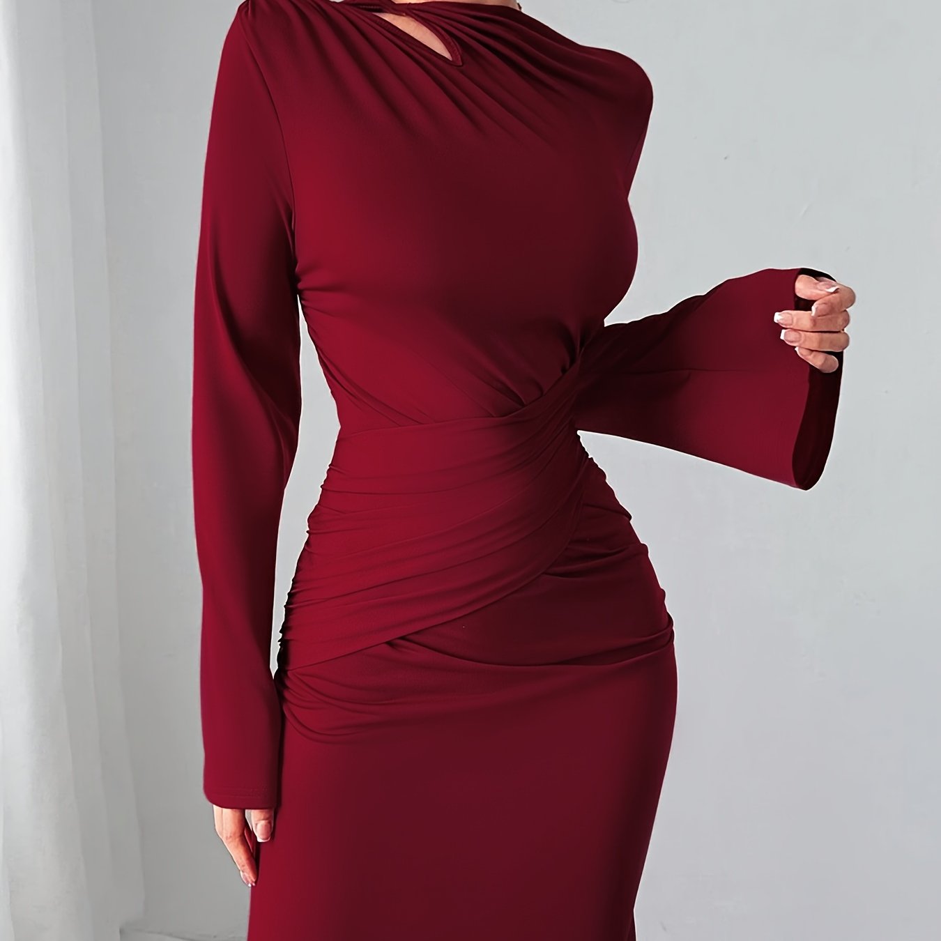 WL Atelier | Elegant Bodycon Dress with Bell Sleeves & Asymmetrical Neckline