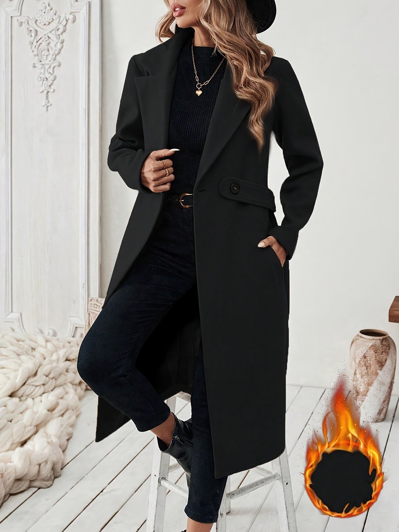 WL Atelier | Elegant Long Black Tweed Coat with Belt
