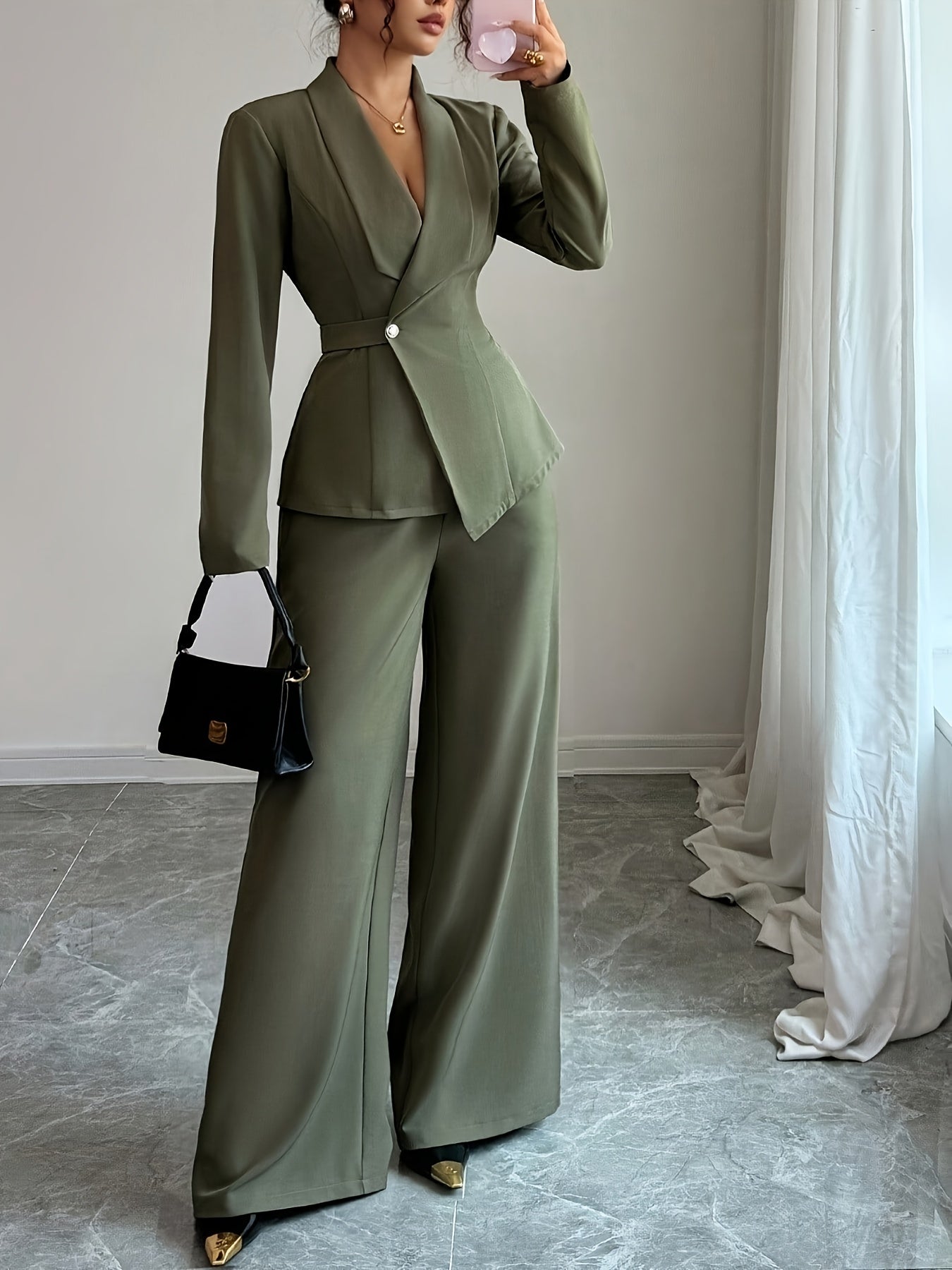 WL Atelier | Elegant V-Neck Belted Blazer & Wide-Leg Pants Set