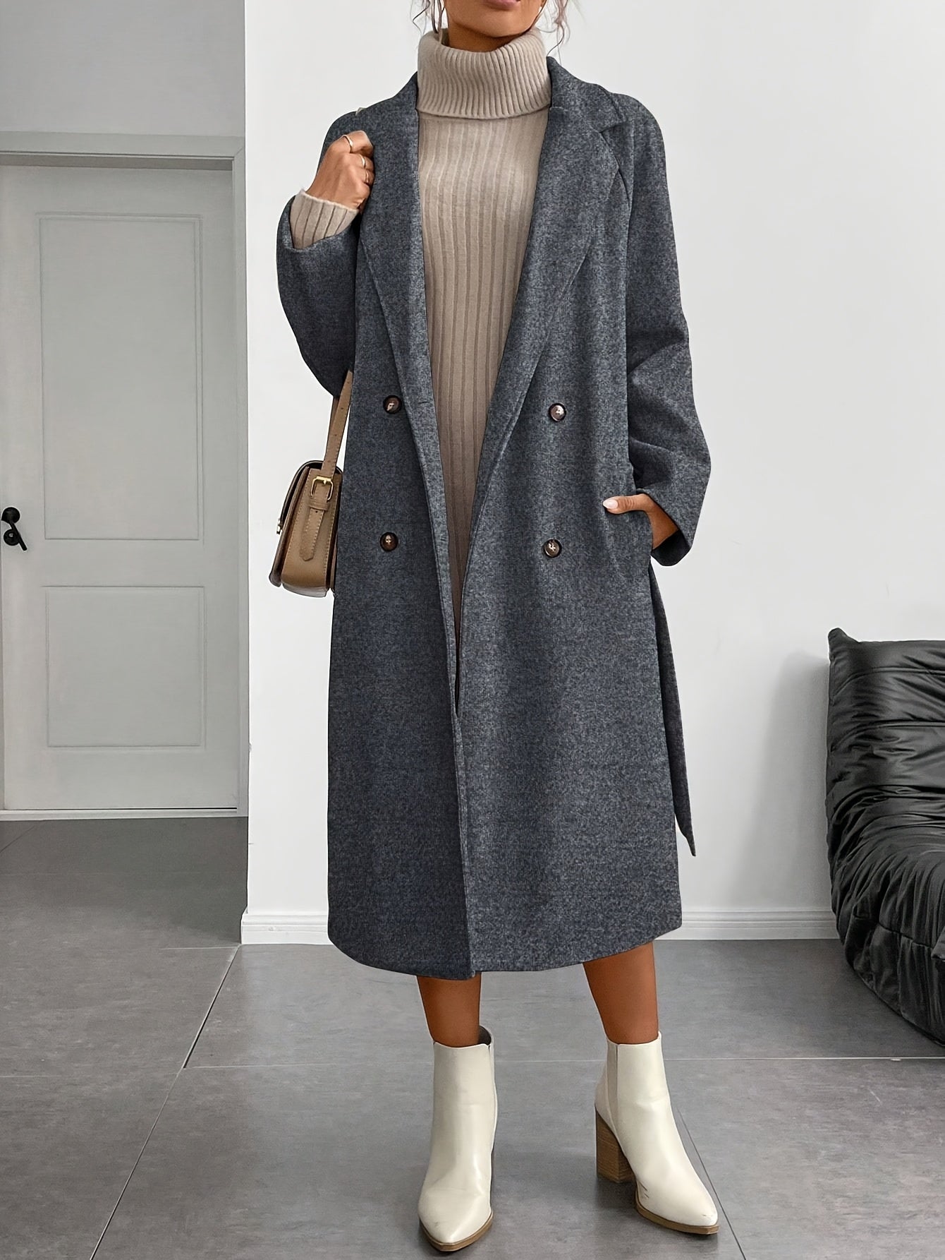 WL Atelier | Elegant Double-Breasted Long Coat with Belt
