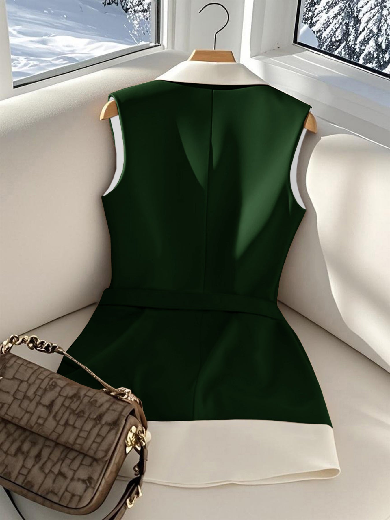 WL Atelier | Elegant Green & White Color Block Blazer Vest