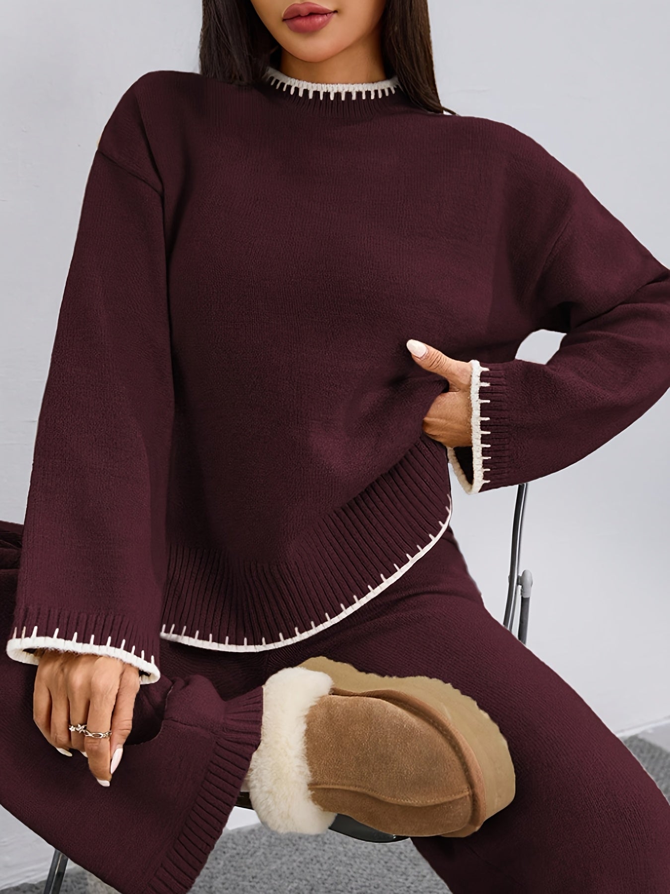 WL Atelier | Elegant Contrast Pullover Sweater & Pants Two-Piece Set