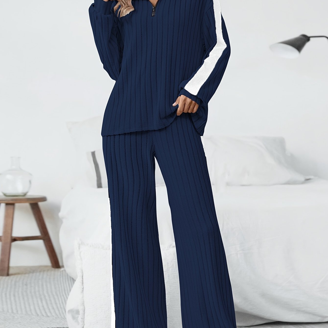 WL Atelier | Striped Collar Top & Color-Block Wide-Leg Pants Set