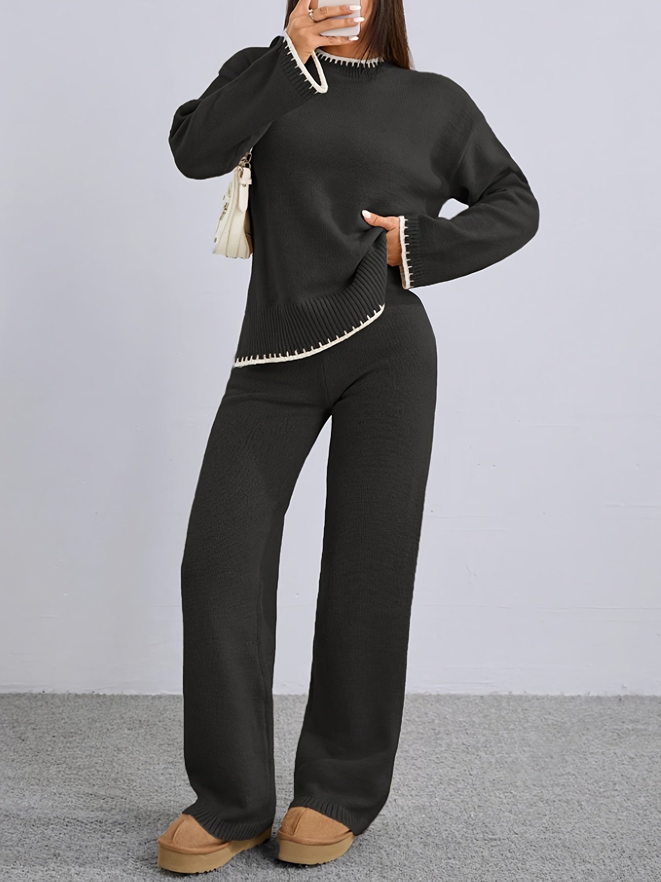 WL Atelier | Elegant Contrast Pullover Sweater & Pants Two-Piece Set