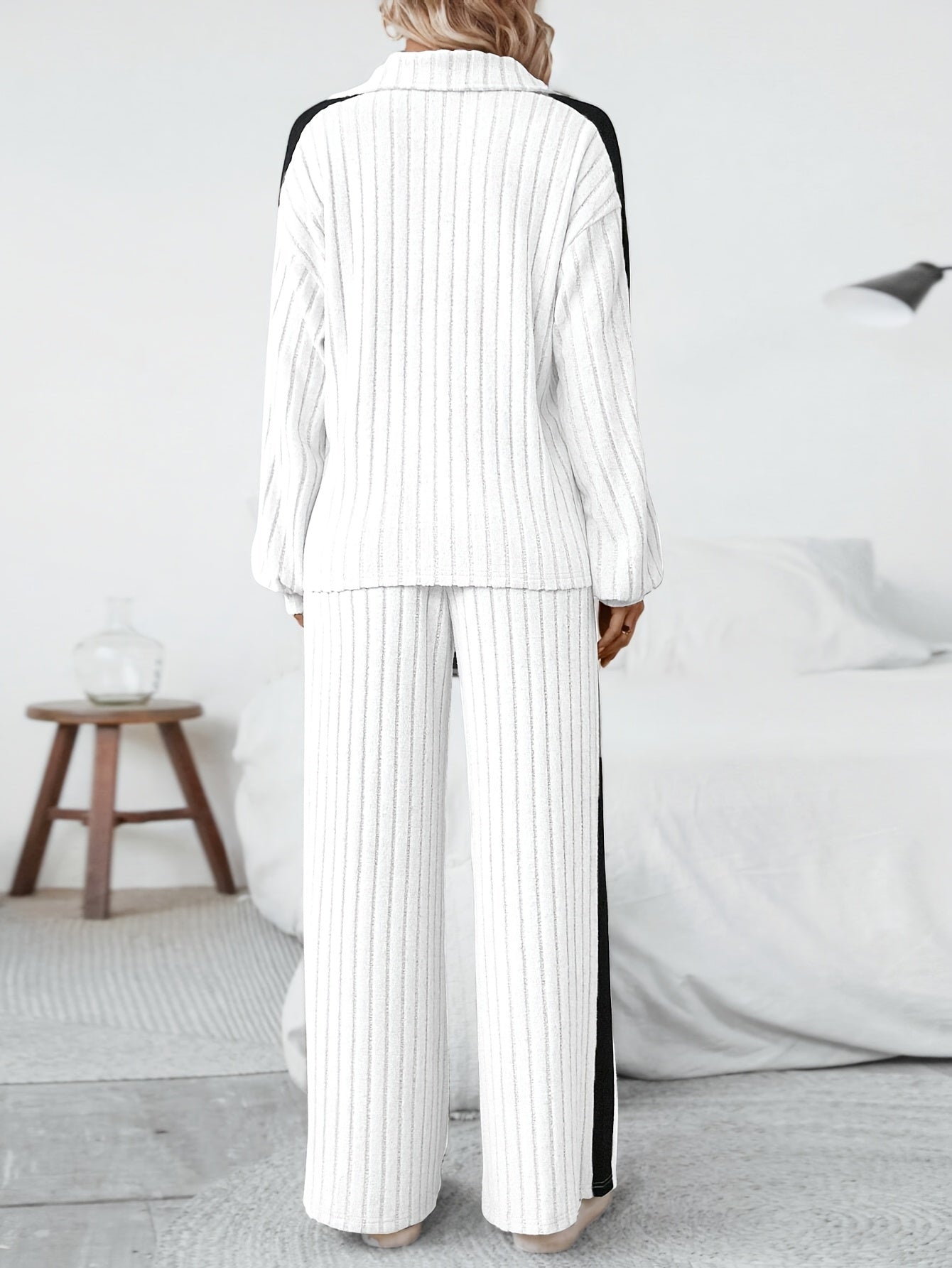 WL Atelier | Striped Collar Top & Color-Block Wide-Leg Pants Set