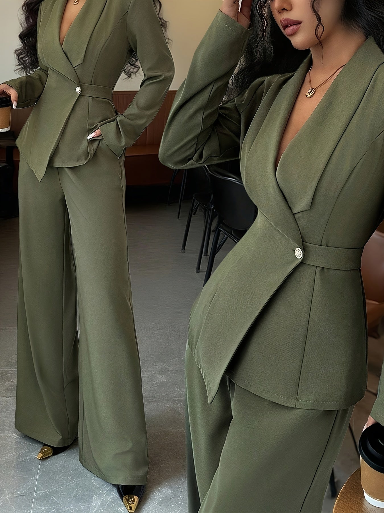 WL Atelier | Elegant V-Neck Belted Blazer & Wide-Leg Pants Set