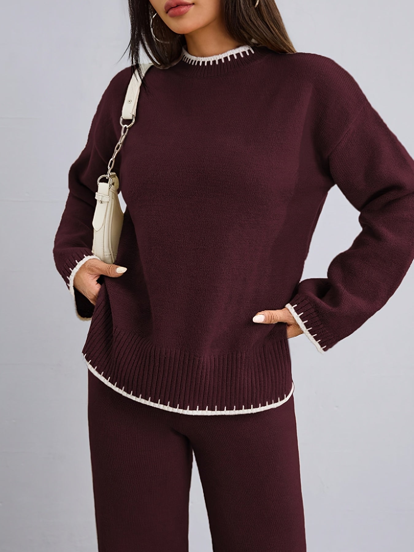 WL Atelier | Elegant Contrast Pullover Sweater & Pants Two-Piece Set