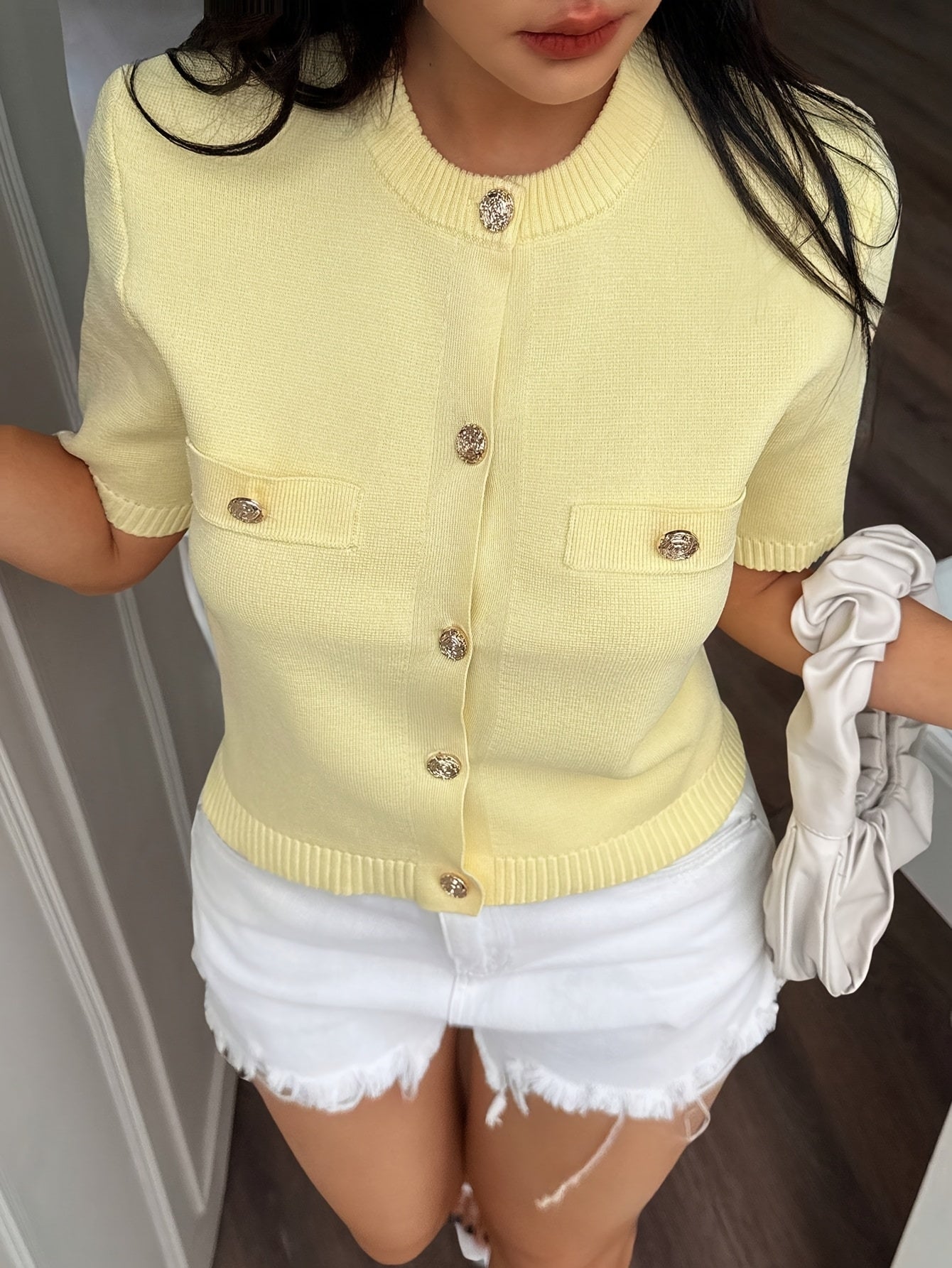 WL Atelier | Yellow Short-Sleeve Button-Front Knit Top