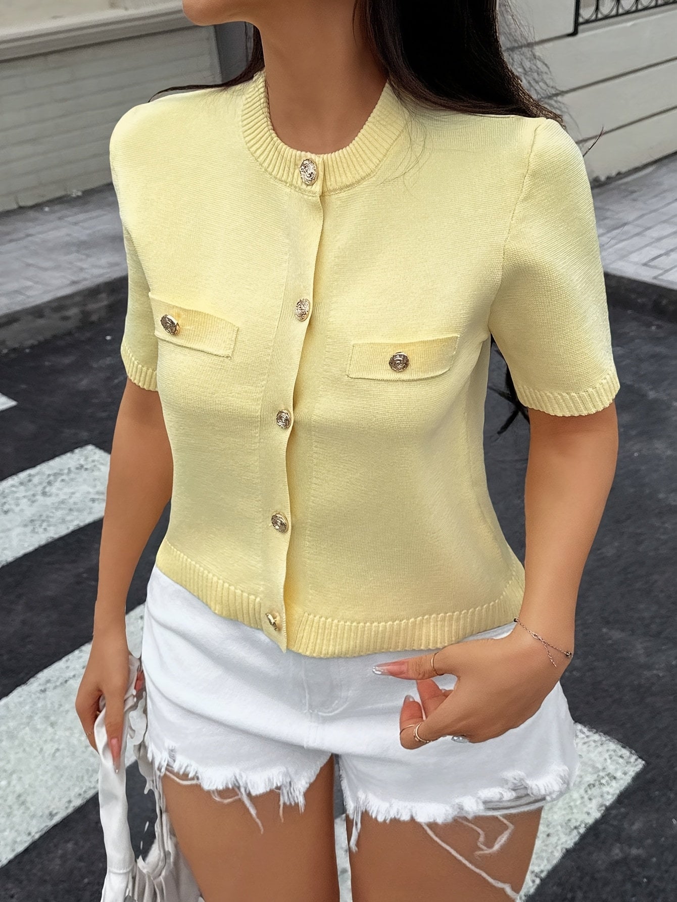 WL Atelier | Yellow Short-Sleeve Button-Front Knit Top