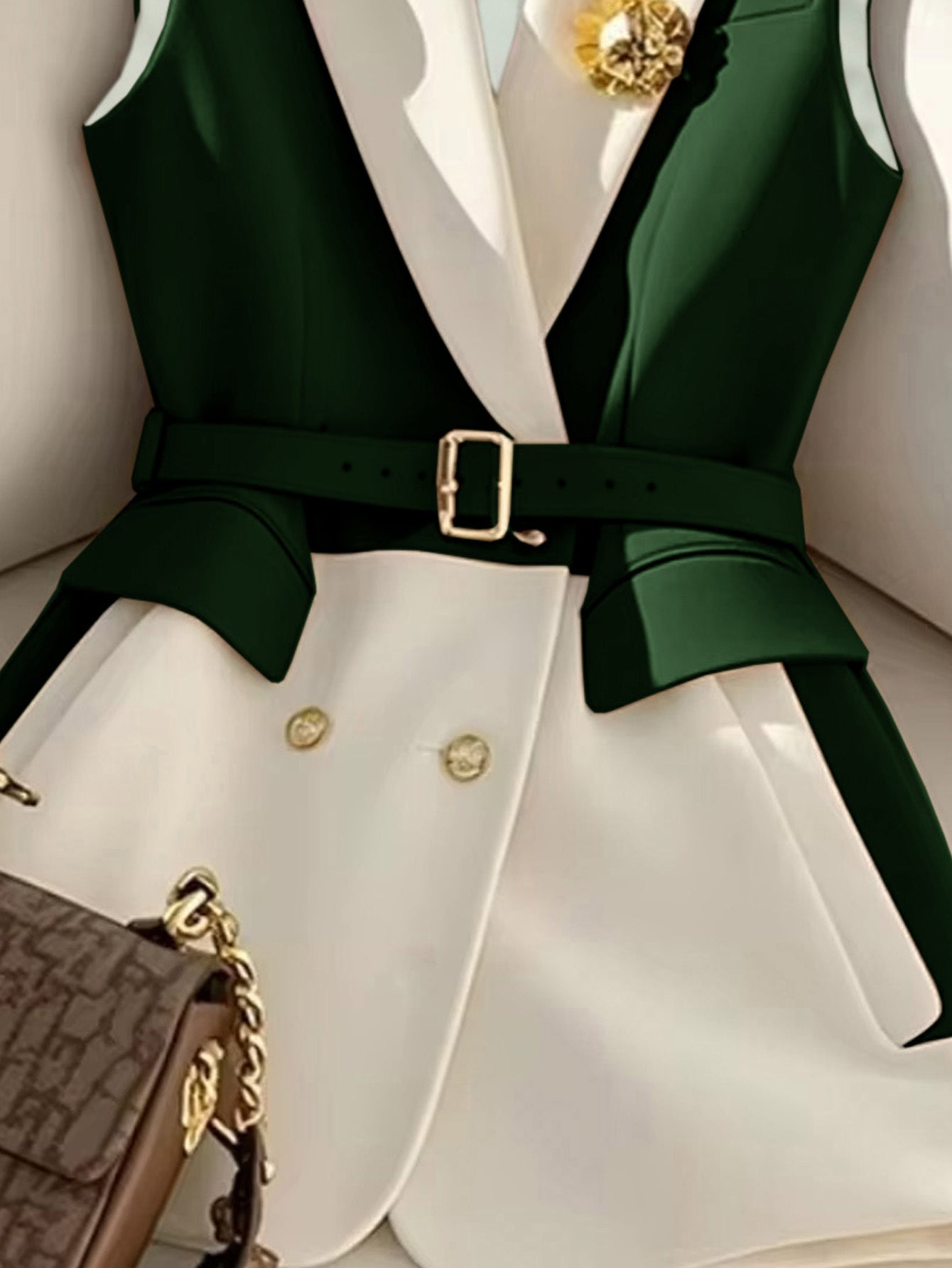WL Atelier | Elegant Green & White Color Block Blazer Vest