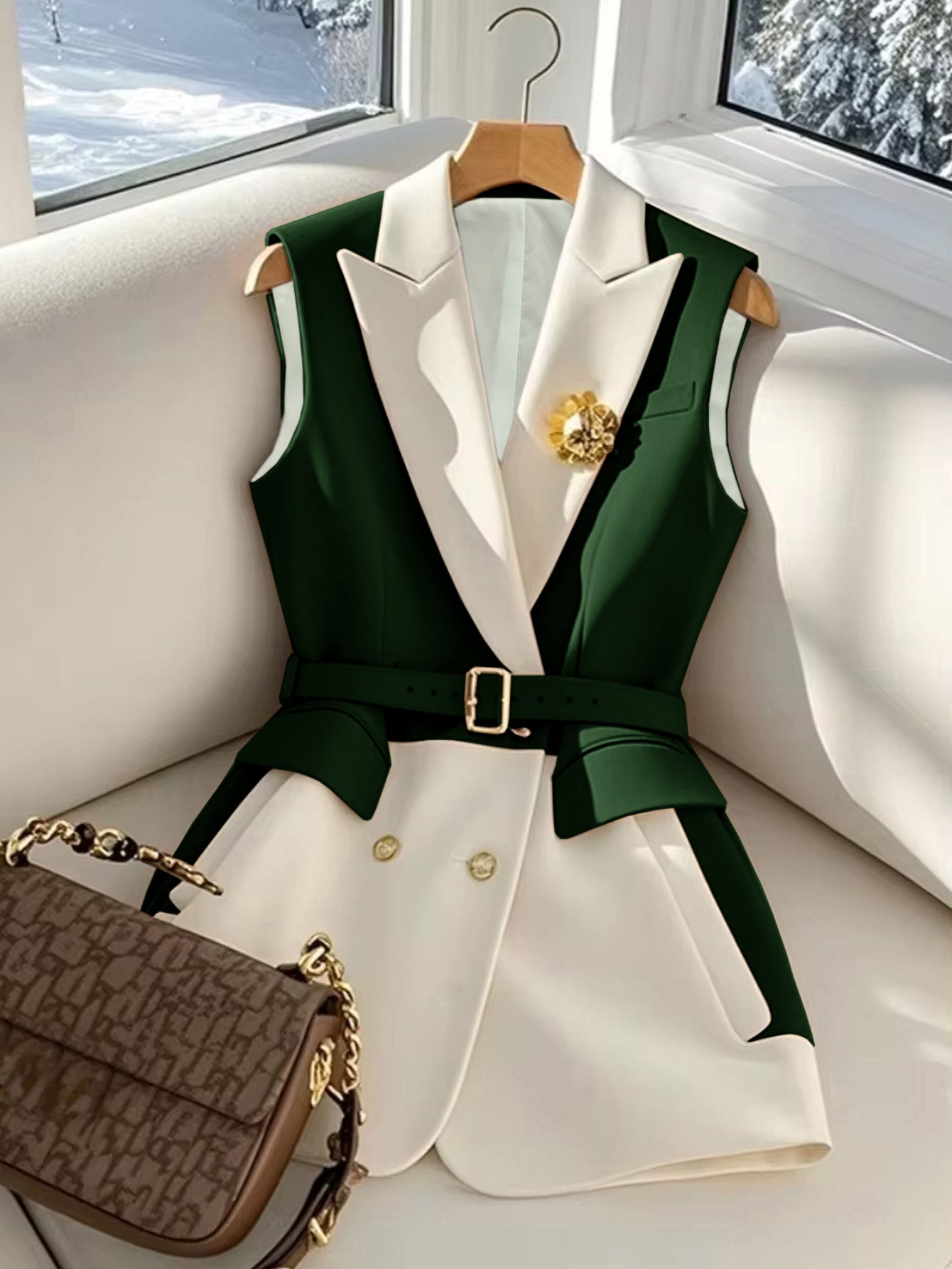 WL Atelier | Elegant Green & White Color Block Blazer Vest