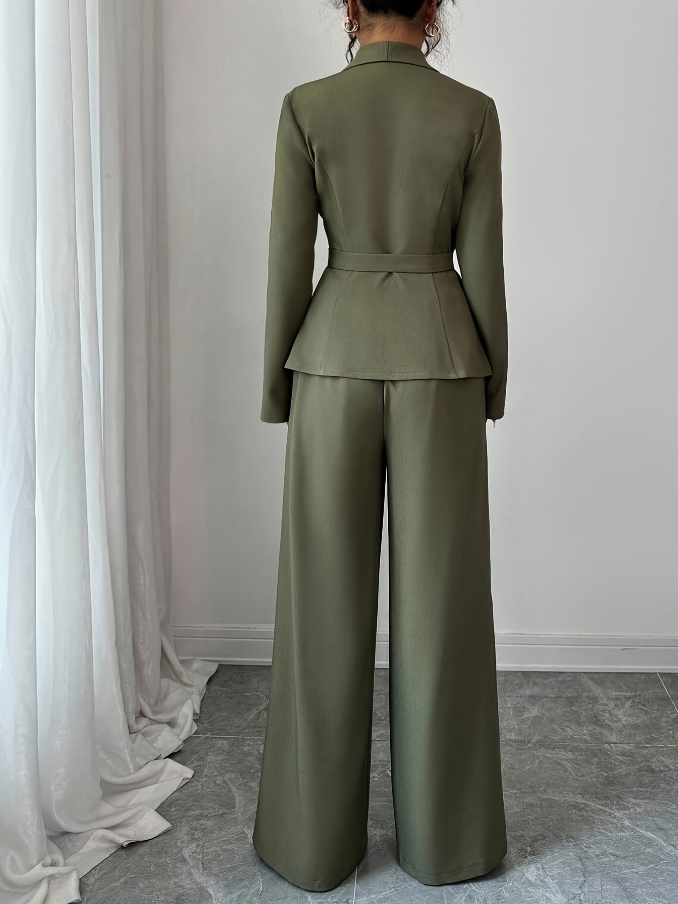 WL Atelier | Elegant V-Neck Belted Blazer & Wide-Leg Pants Set