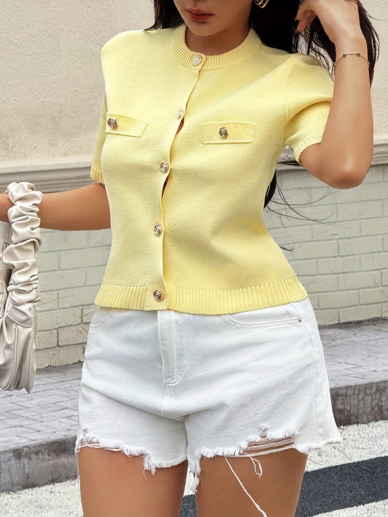 WL Atelier | Yellow Short-Sleeve Button-Front Knit Top