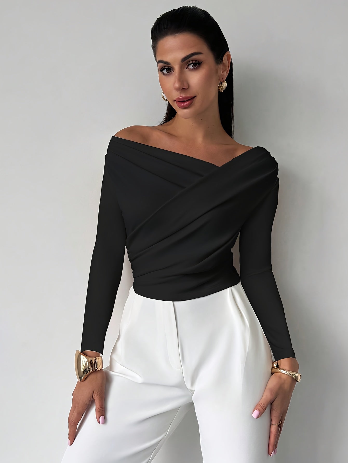 WL Atelier | Elegant Long-Sleeve Cross-Neckline Blouse