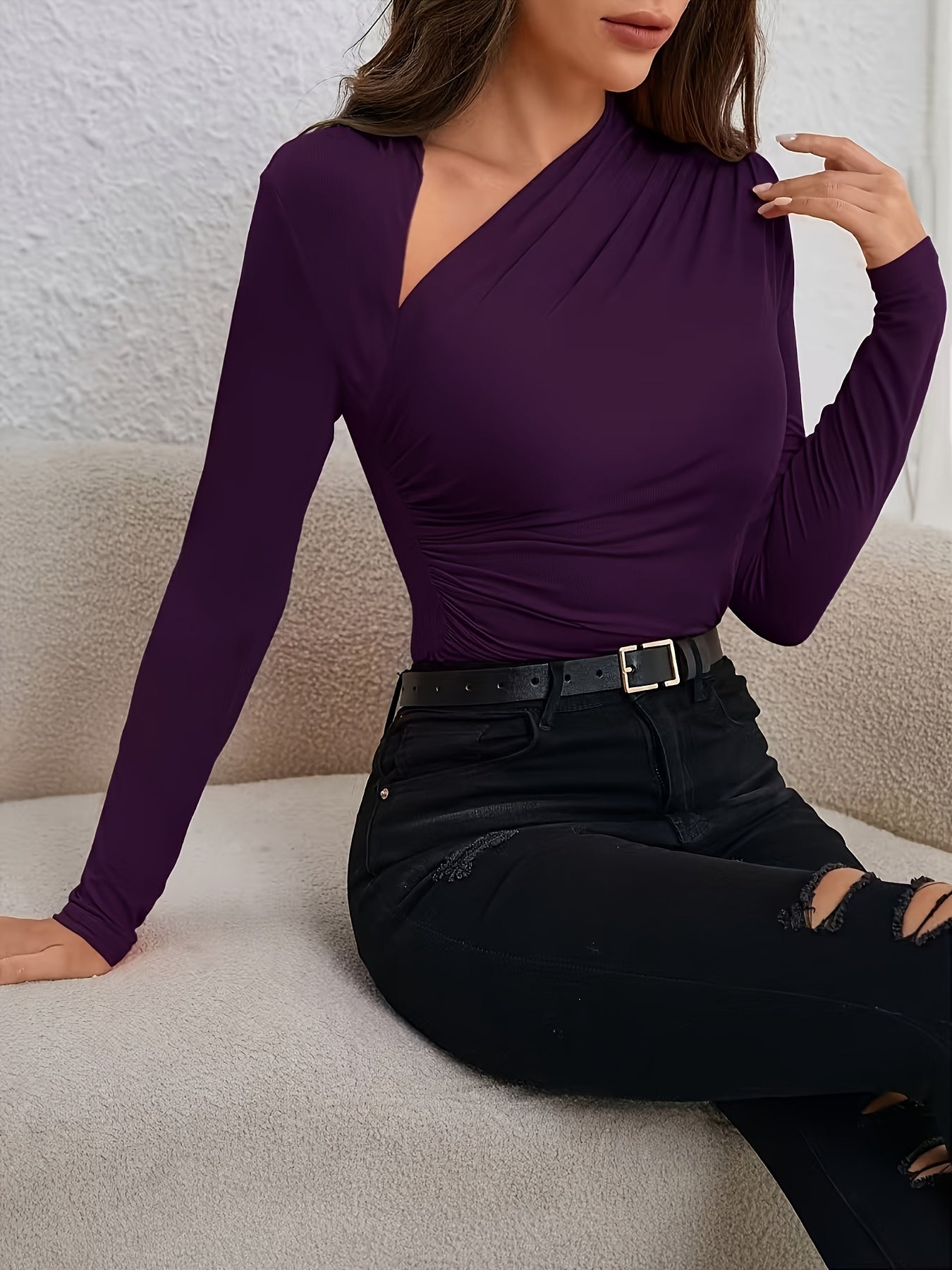 WL Atelier | Elegant Asymmetrical Neckline T-Shirt with Pleated Detail