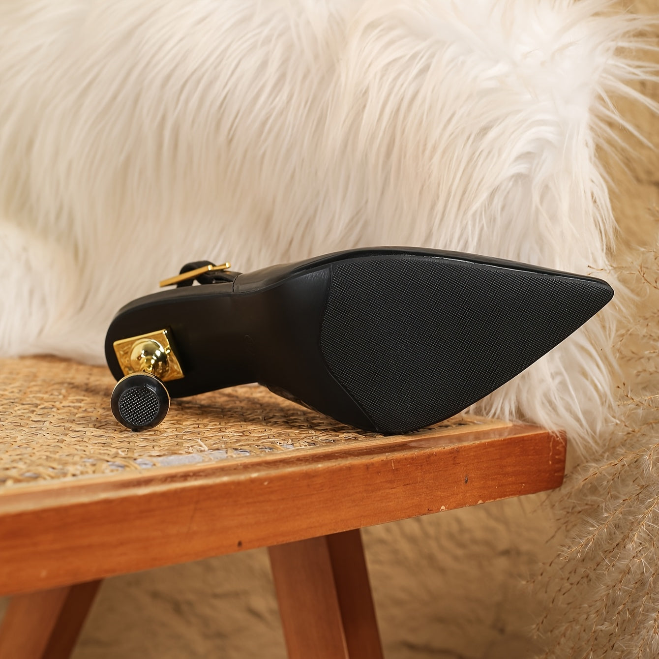 WL Atelier | Elegant Black Pointed-Toe High Heel Sandals with Golden Accents