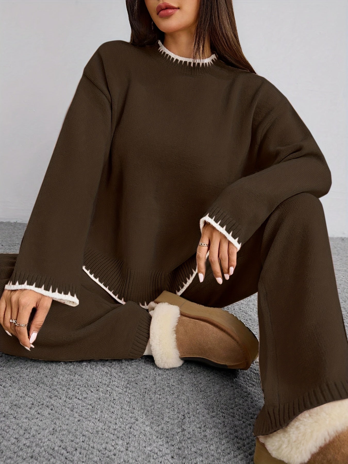 WL Atelier | Elegant Contrast Pullover Sweater & Pants Two-Piece Set
