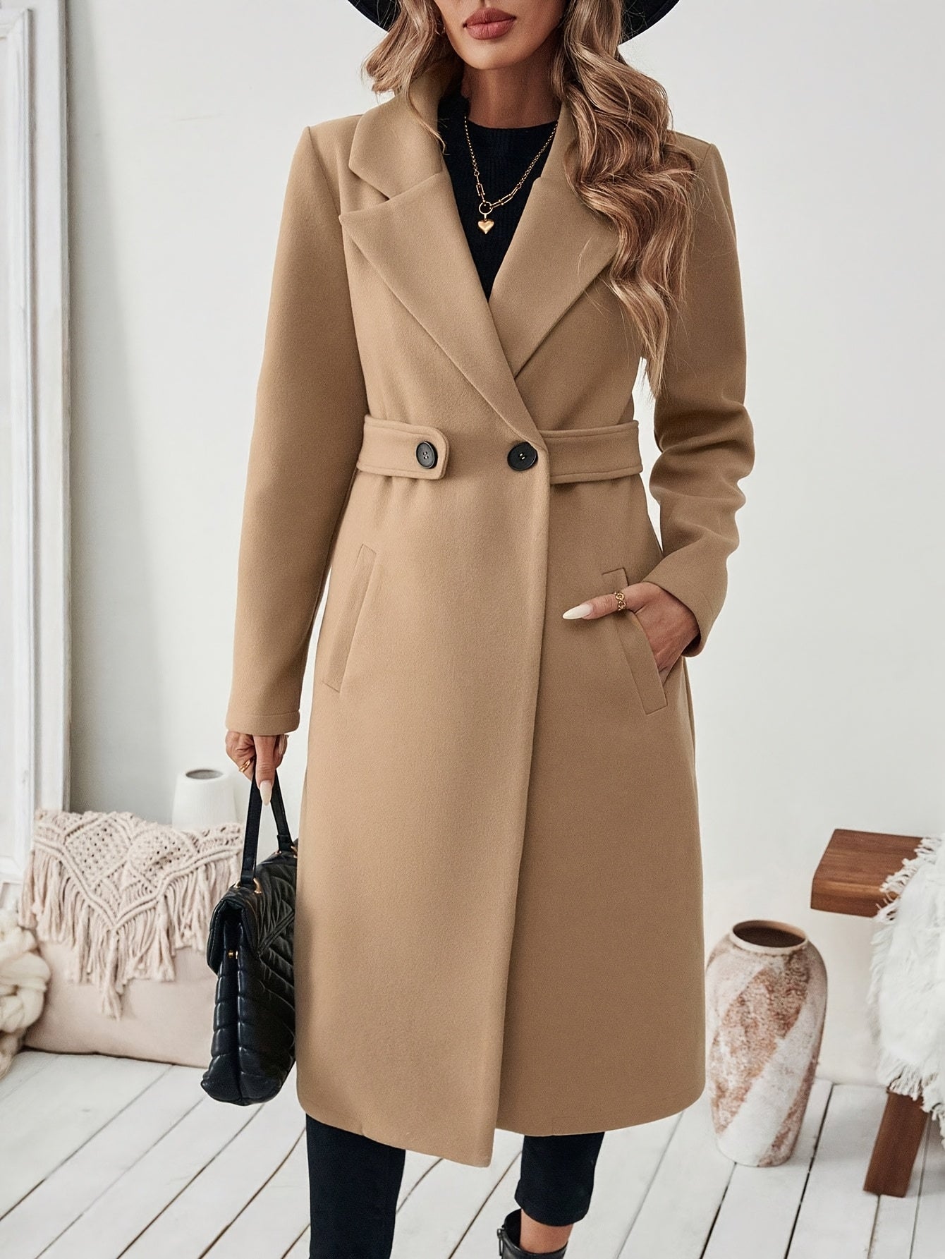 WL Atelier | Elegant Long Black Tweed Coat with Belt