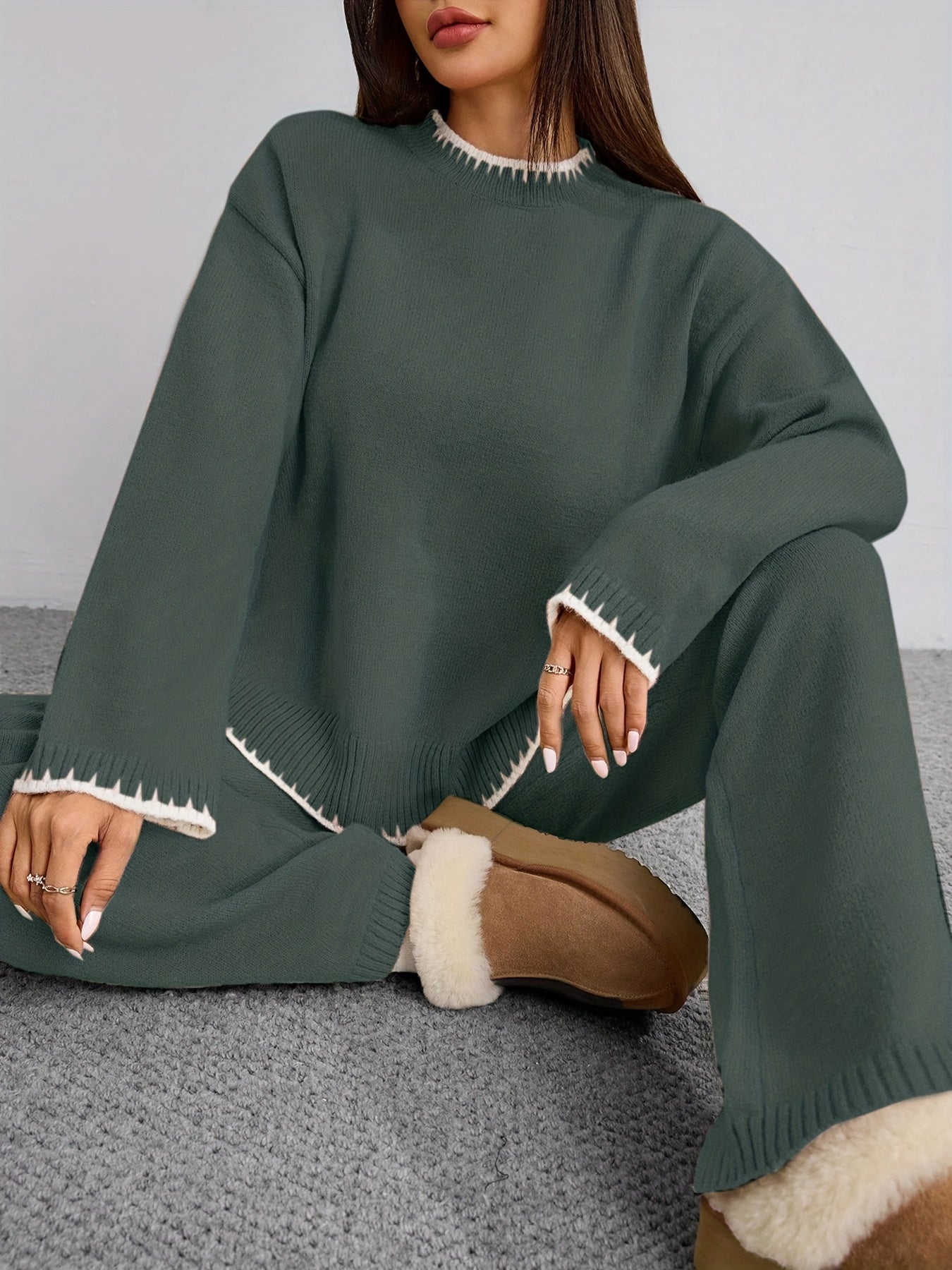 WL Atelier | Elegant Contrast Pullover Sweater & Pants Two-Piece Set