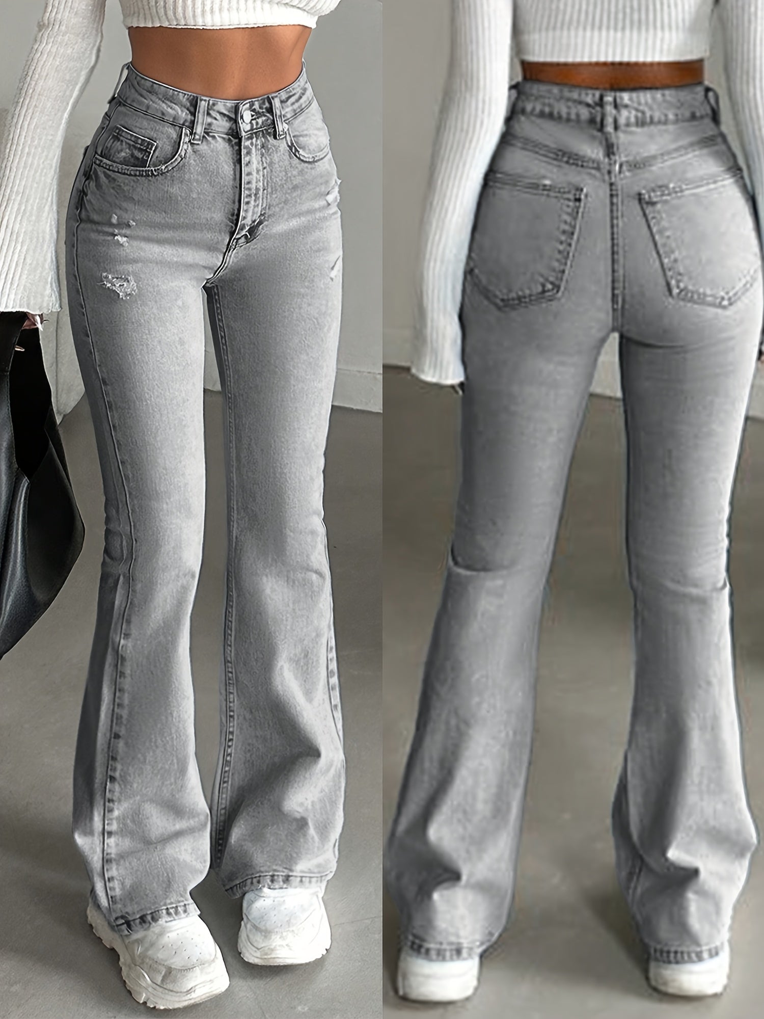 WL Atelier | High-Waisted Light Grey Distressed Bell-Bottom Jeans
