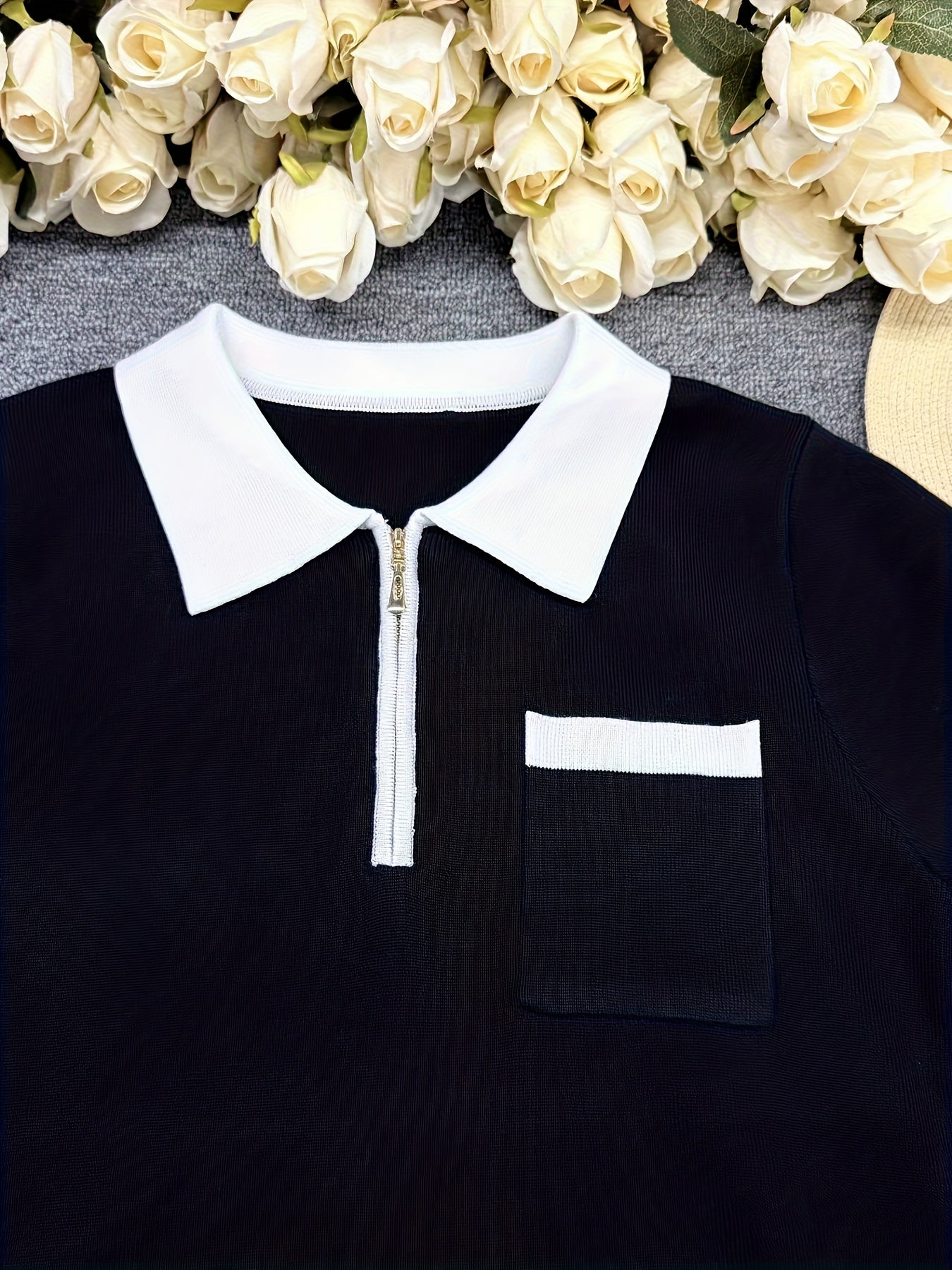WL Atelier | Navy & White Half-Zip Color Block Sweater