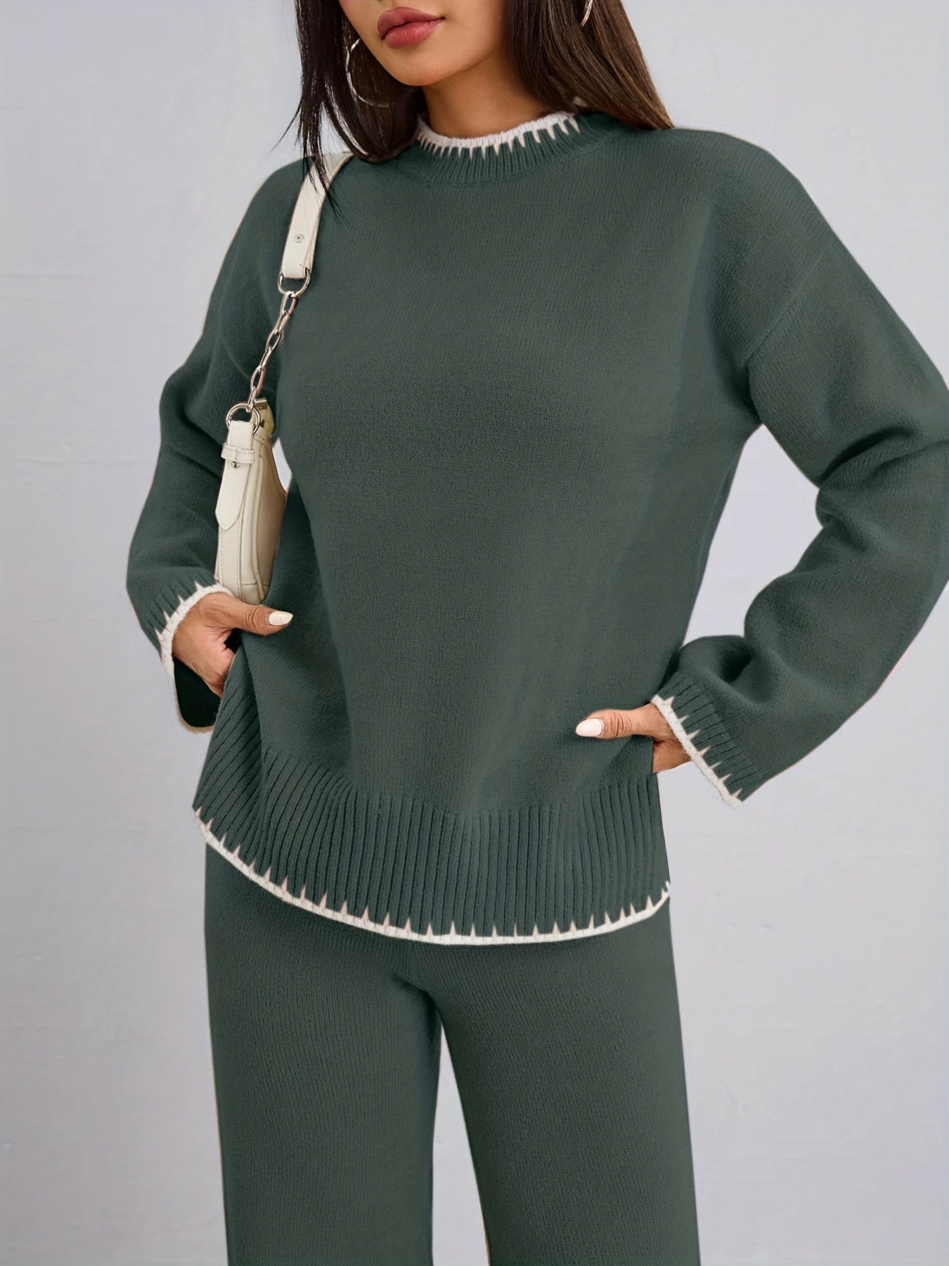 WL Atelier | Elegant Contrast Pullover Sweater & Pants Two-Piece Set
