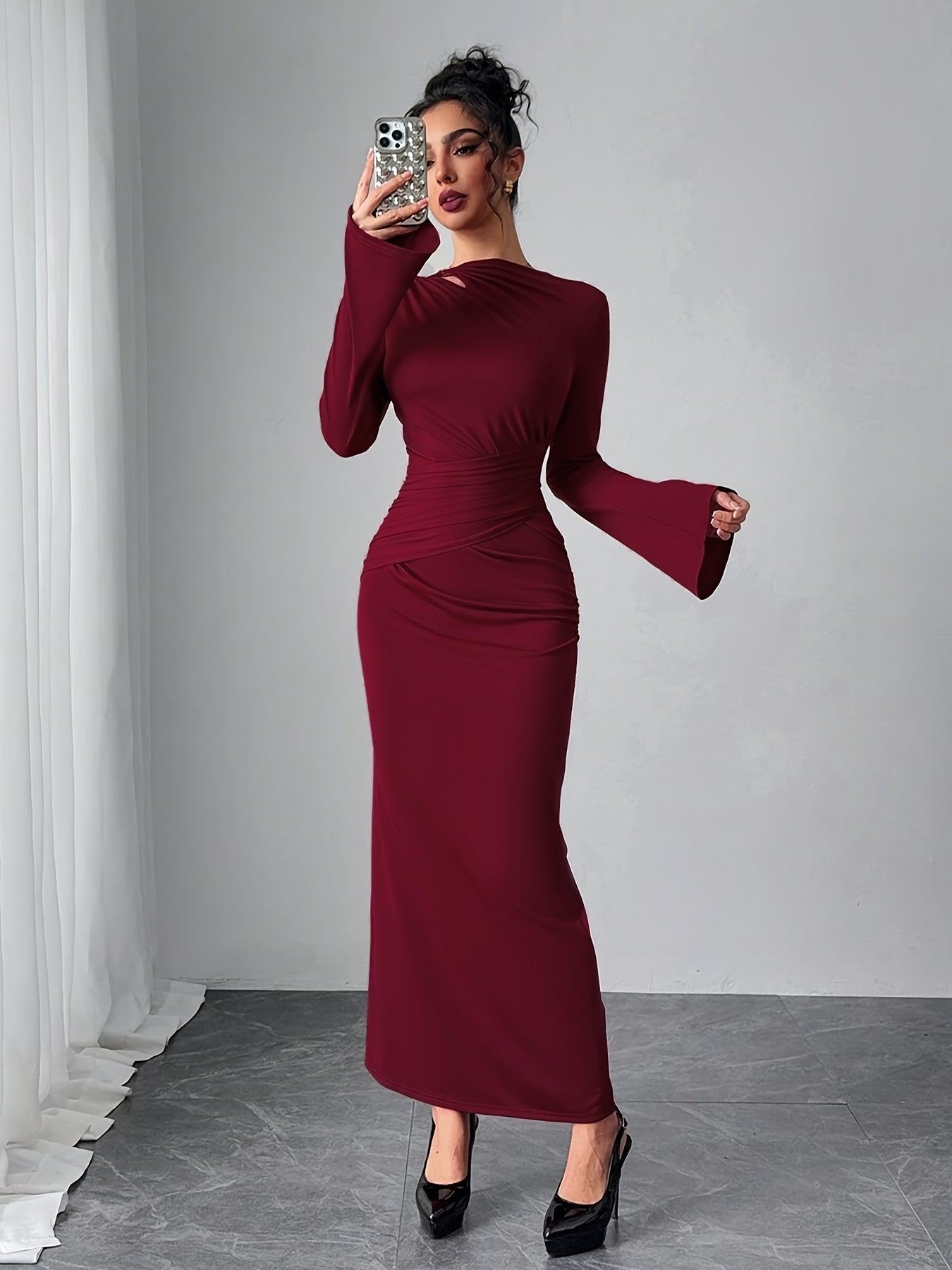 WL Atelier | Elegant Bodycon Dress with Bell Sleeves & Asymmetrical Neckline