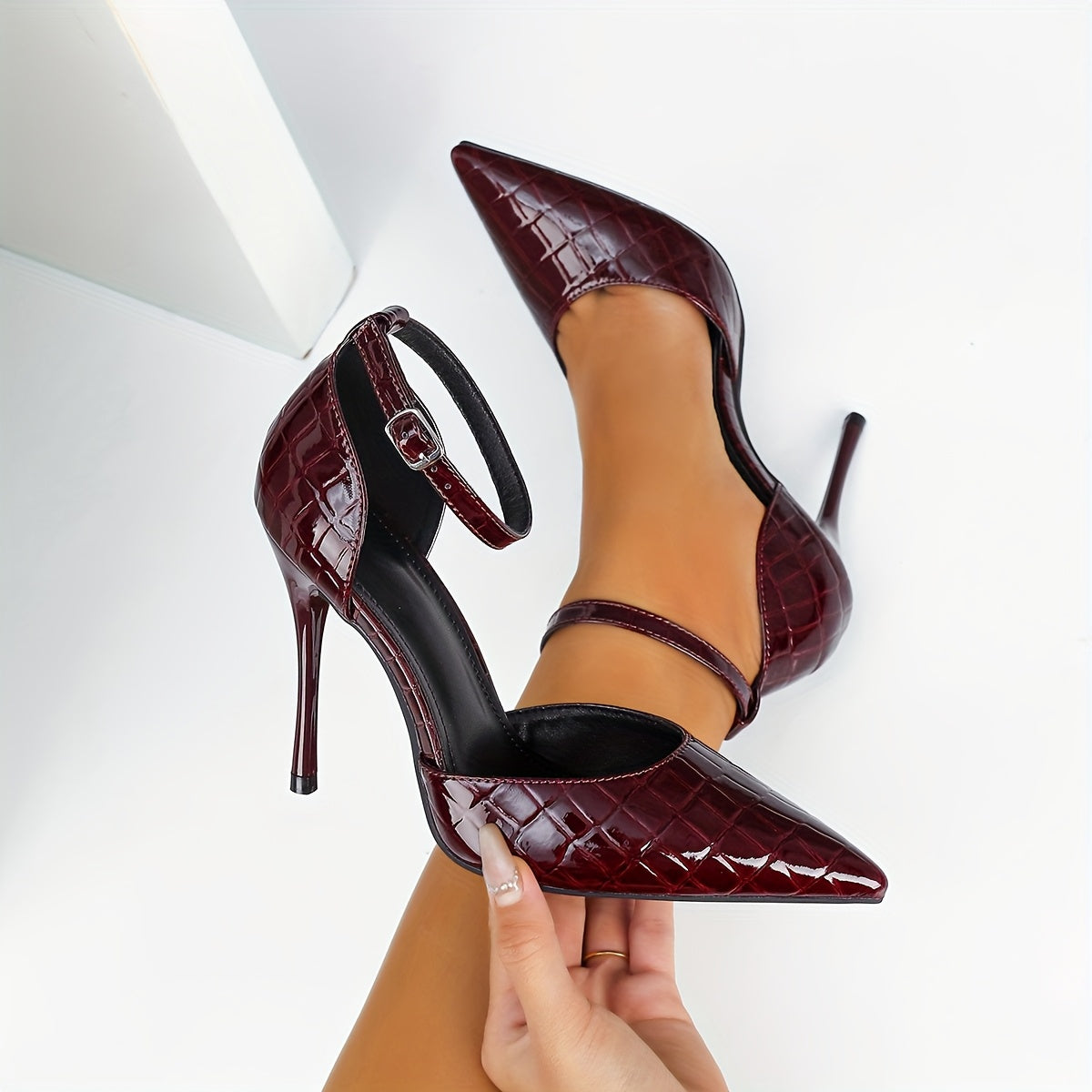 WL Atelier | Burgundy Snake-Print Pointed-Toe Stiletto Heels