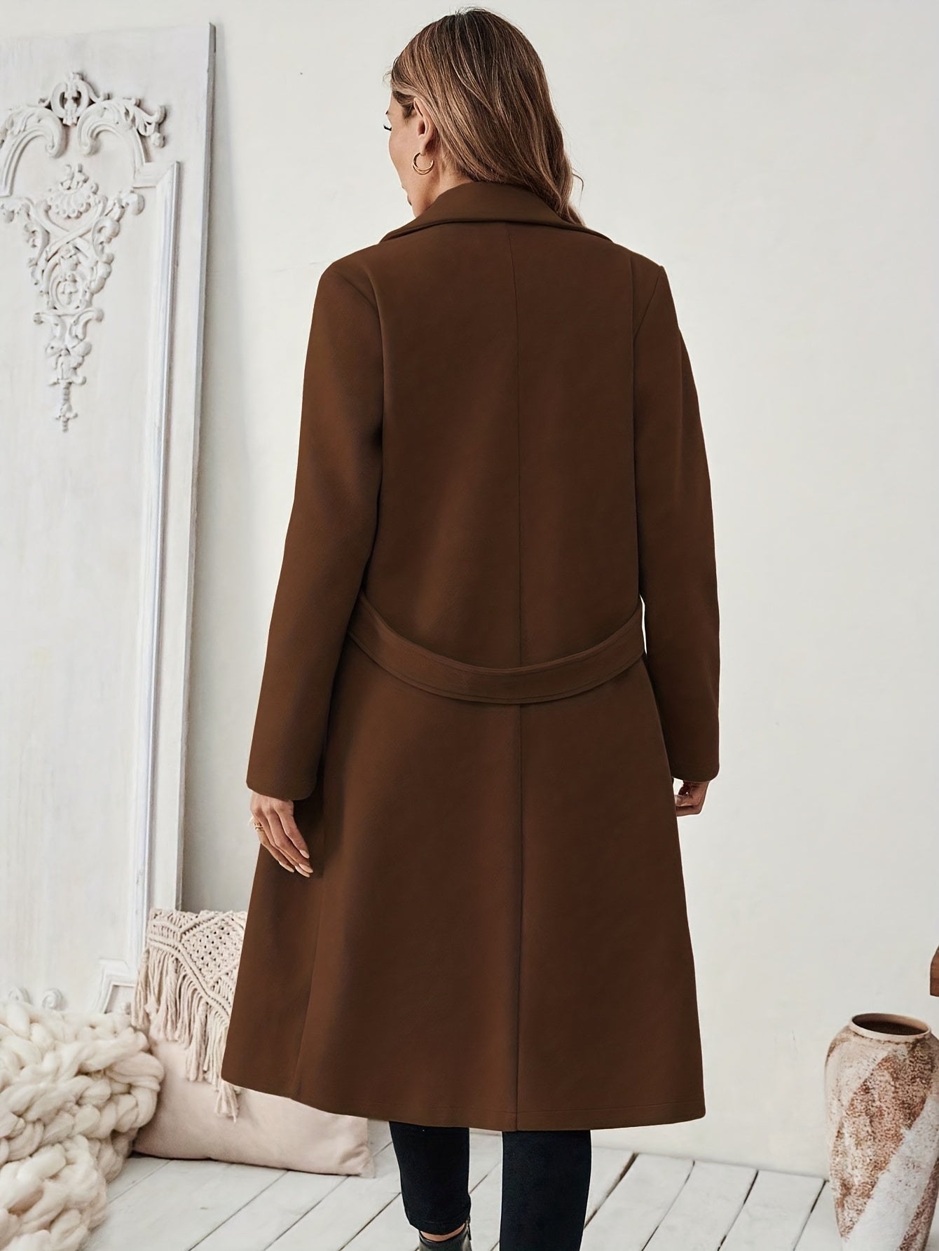 WL Atelier | Elegant Long Black Tweed Coat with Belt