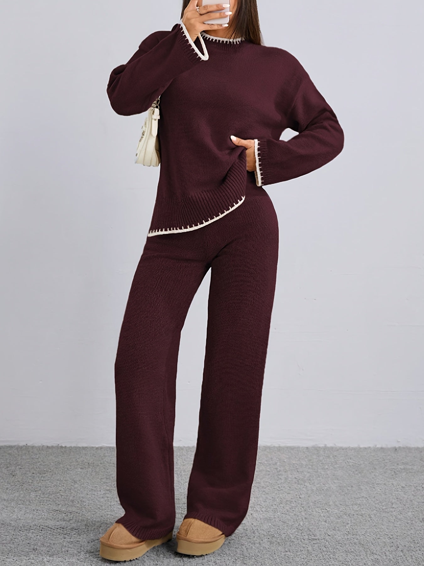 WL Atelier | Elegant Contrast Pullover Sweater & Pants Two-Piece Set