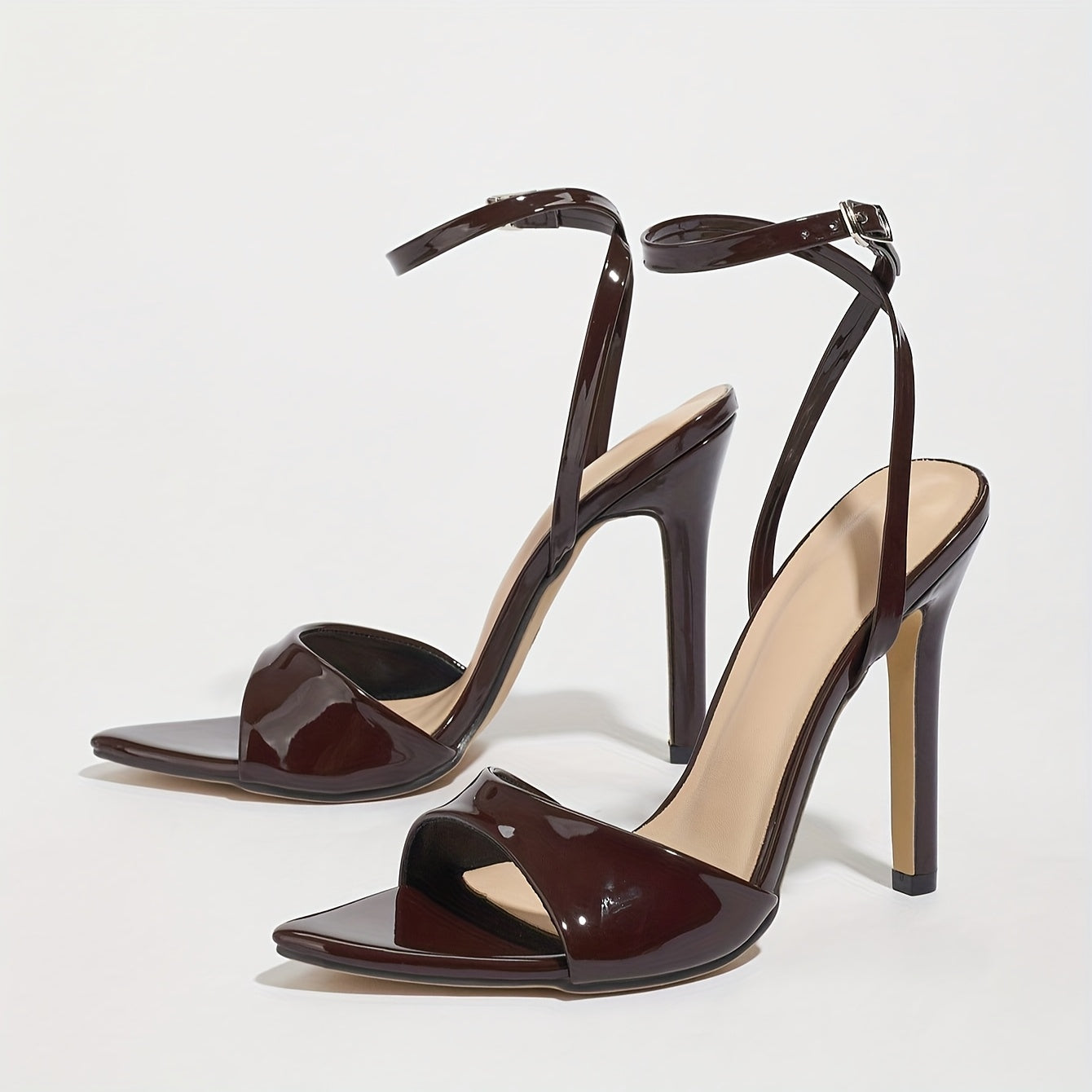 WL Atelier | Coffee Brown Glossy Stiletto Sandals with Ankle Strap