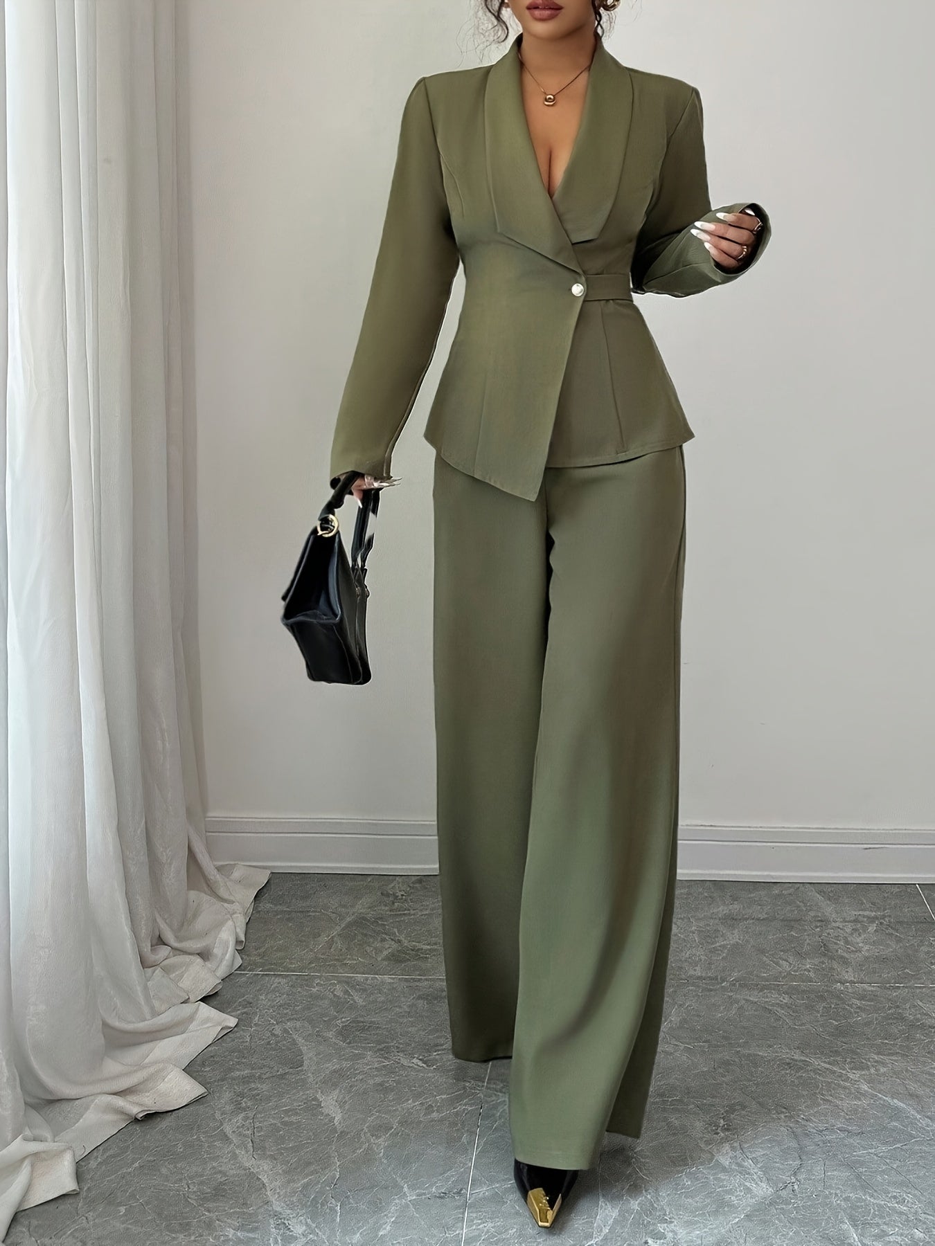 WL Atelier | Elegant V-Neck Belted Blazer & Wide-Leg Pants Set