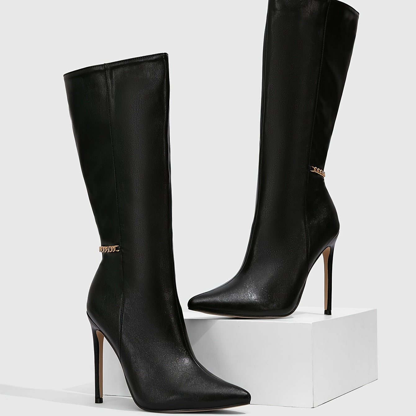 WL Atelier | Black Pointed-Toe Stiletto Ankle Boots with Golden Zipper