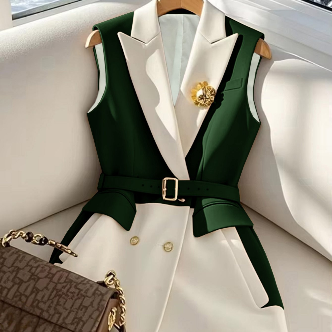 WL Atelier | Elegant Green & White Color Block Blazer Vest