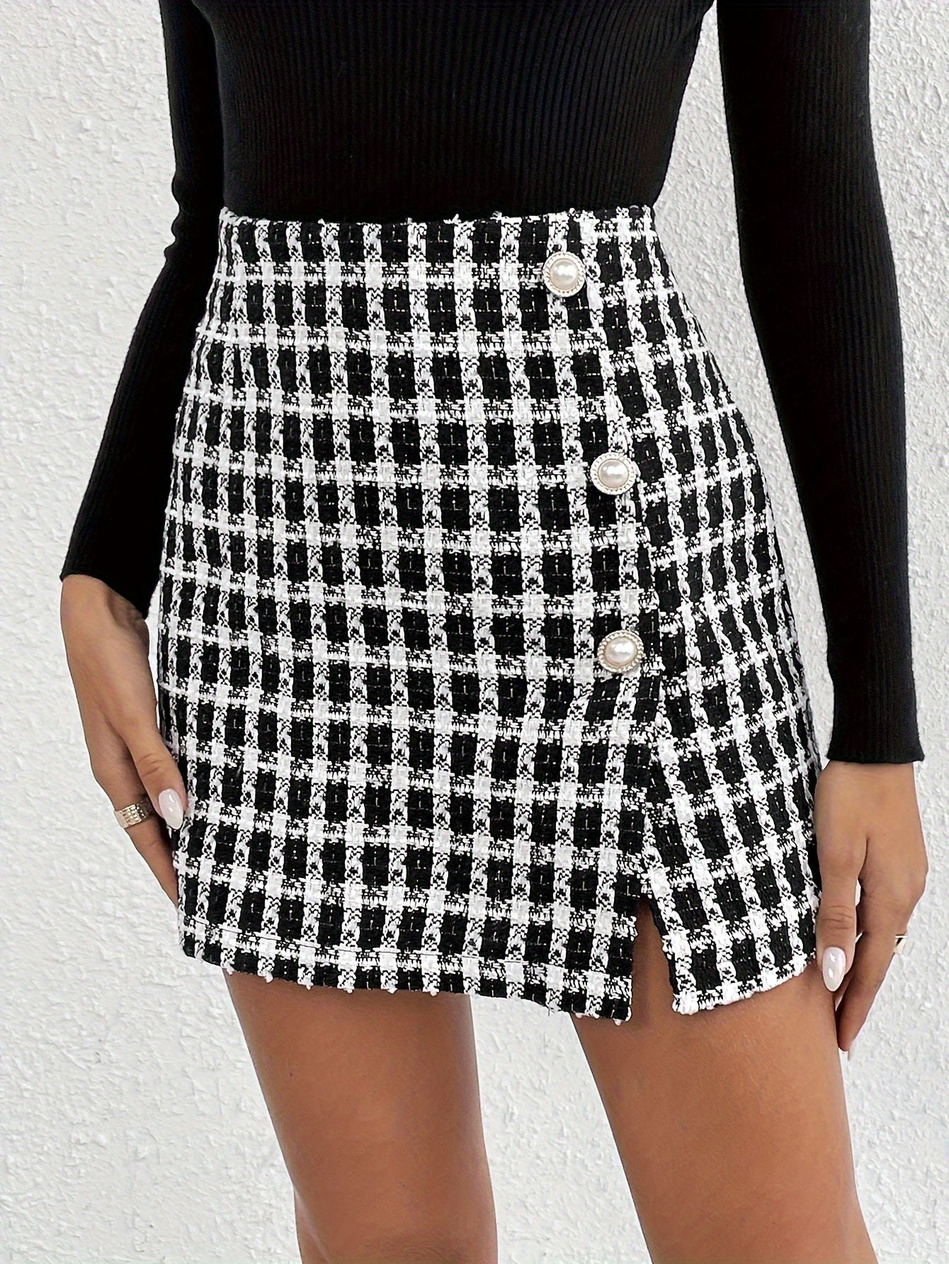 WL Atelier | Elegant Plaid Asymmetrical Skirt with Button Detail