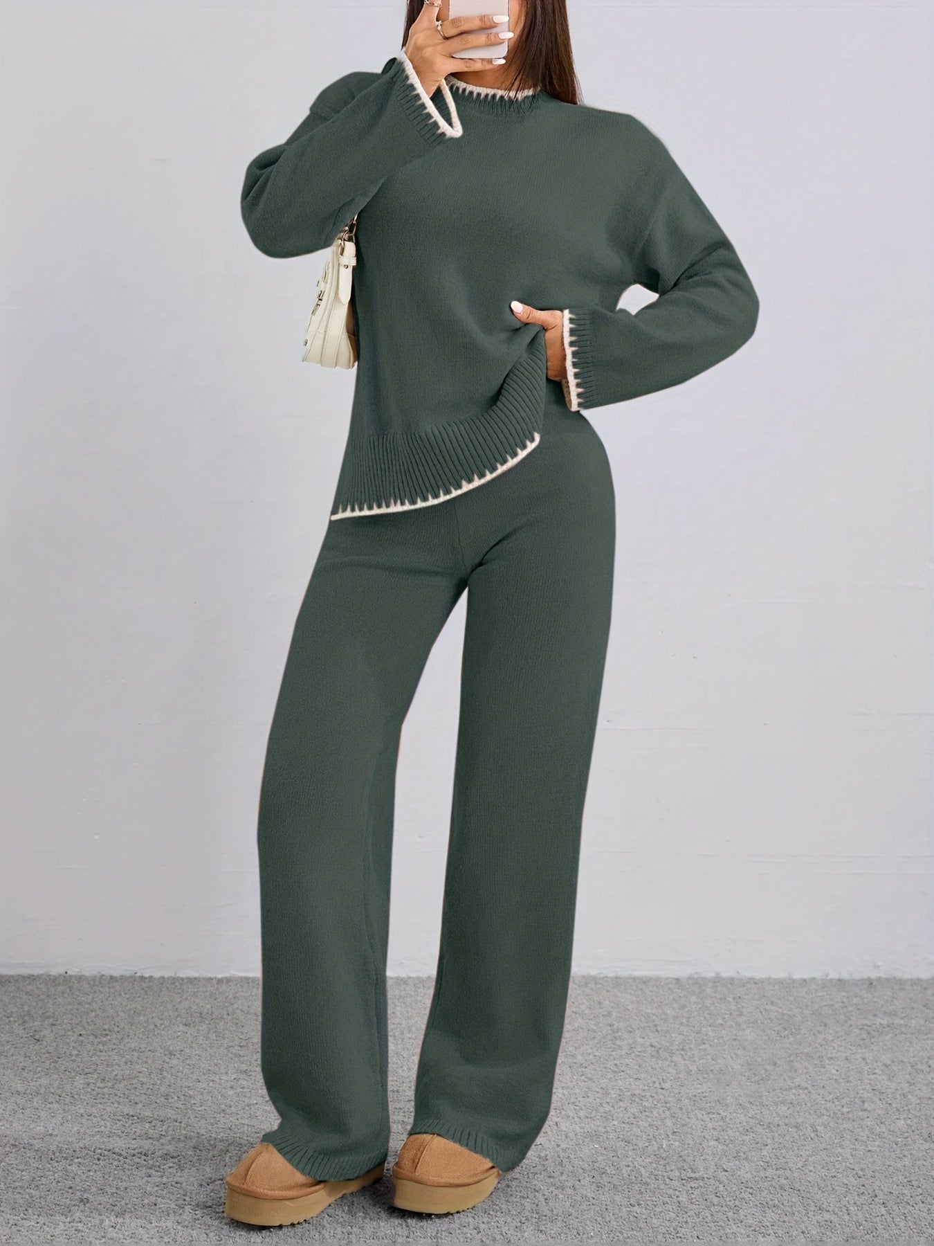 WL Atelier | Elegant Contrast Pullover Sweater & Pants Two-Piece Set
