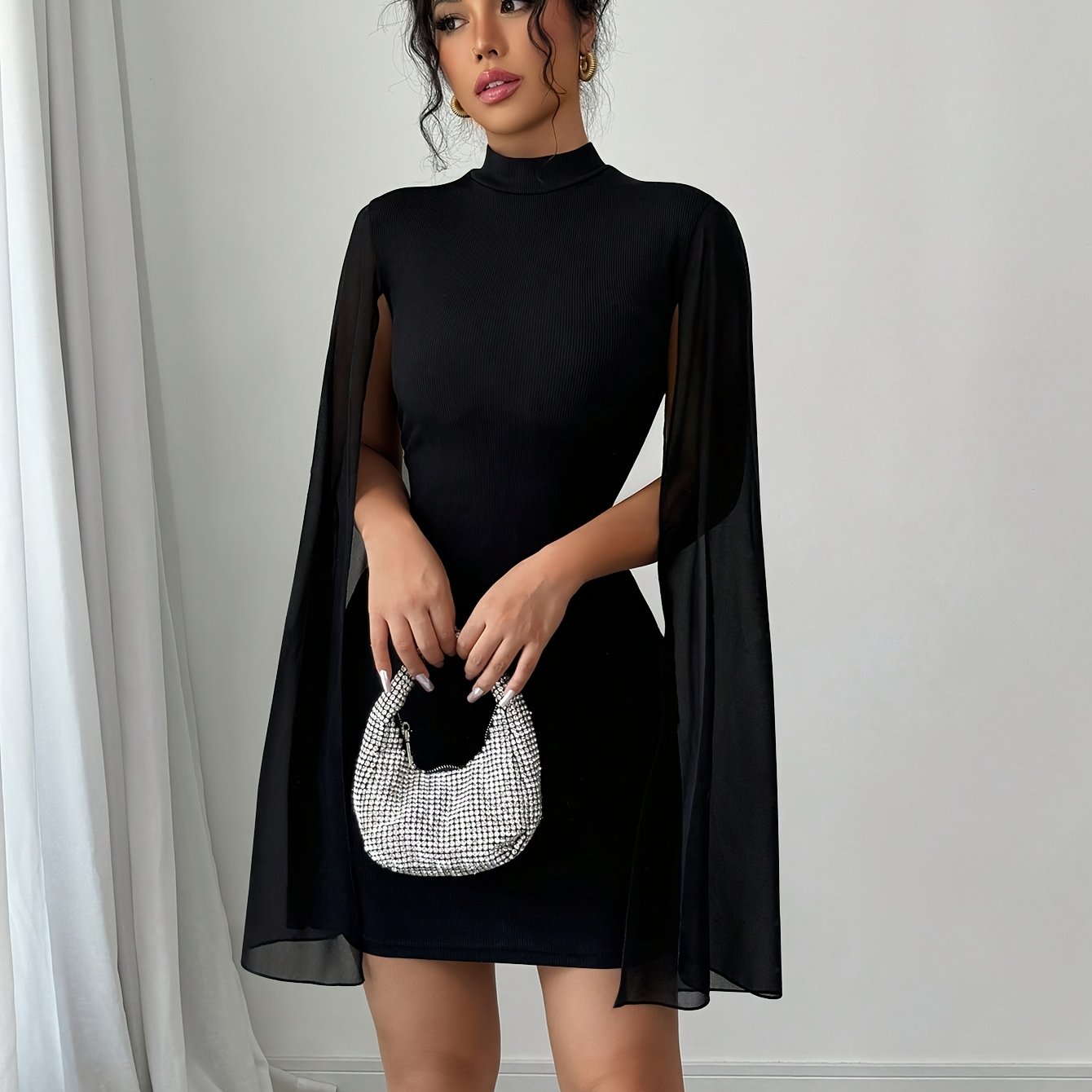 WL Atelier | Solid Color Mini Dress with Stand Collar &amp; Shawl Detail
