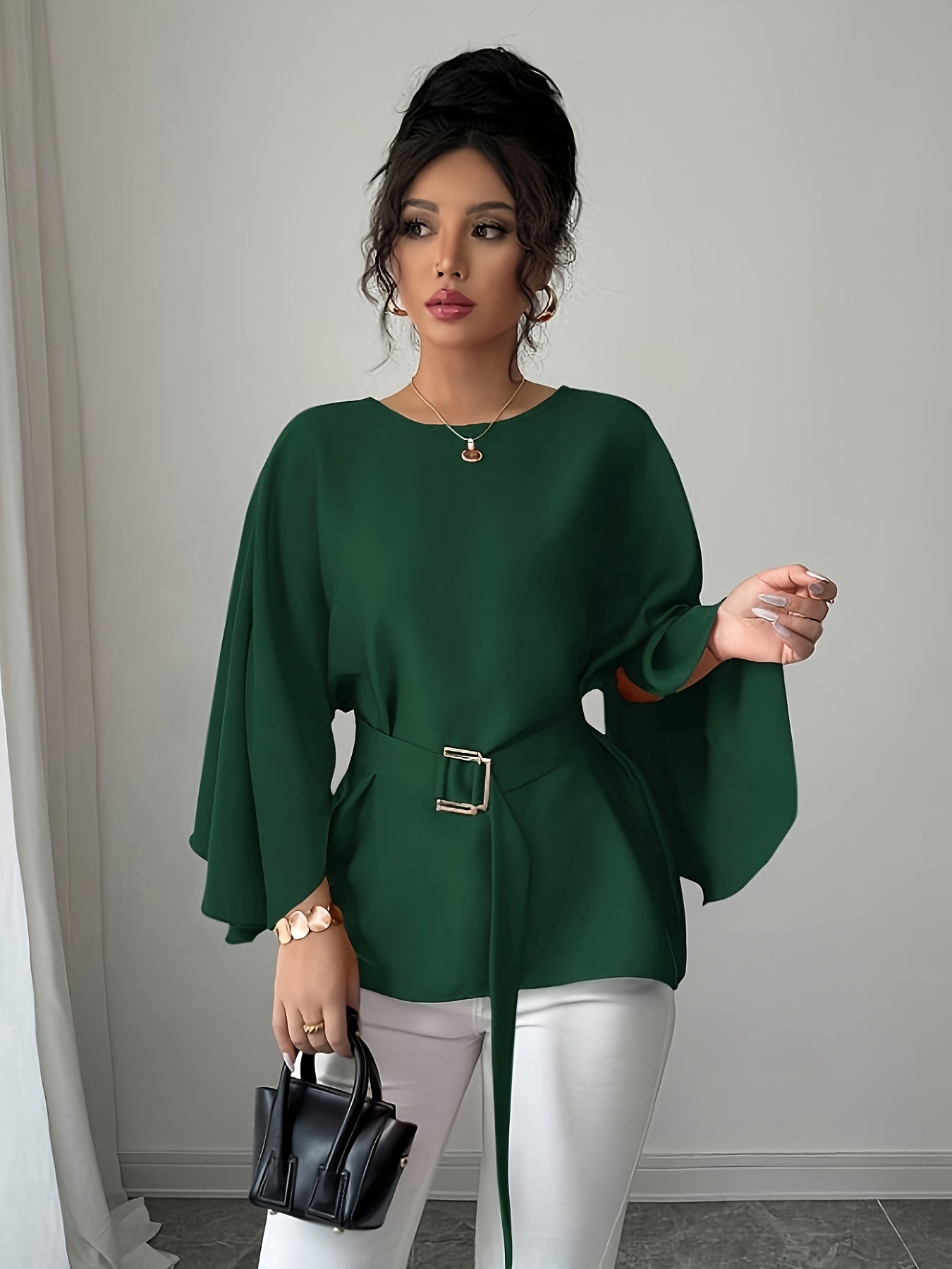 WL Atelier | Elegant Green Belted Long-Sleeve Blouse