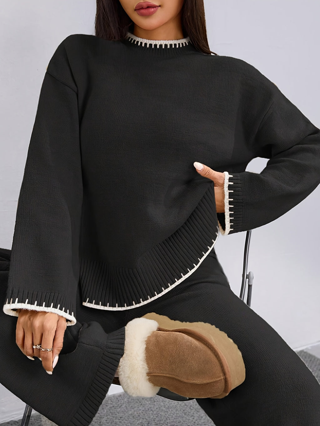 WL Atelier | Elegant Contrast Pullover Sweater &amp; Pants Two-Piece Set