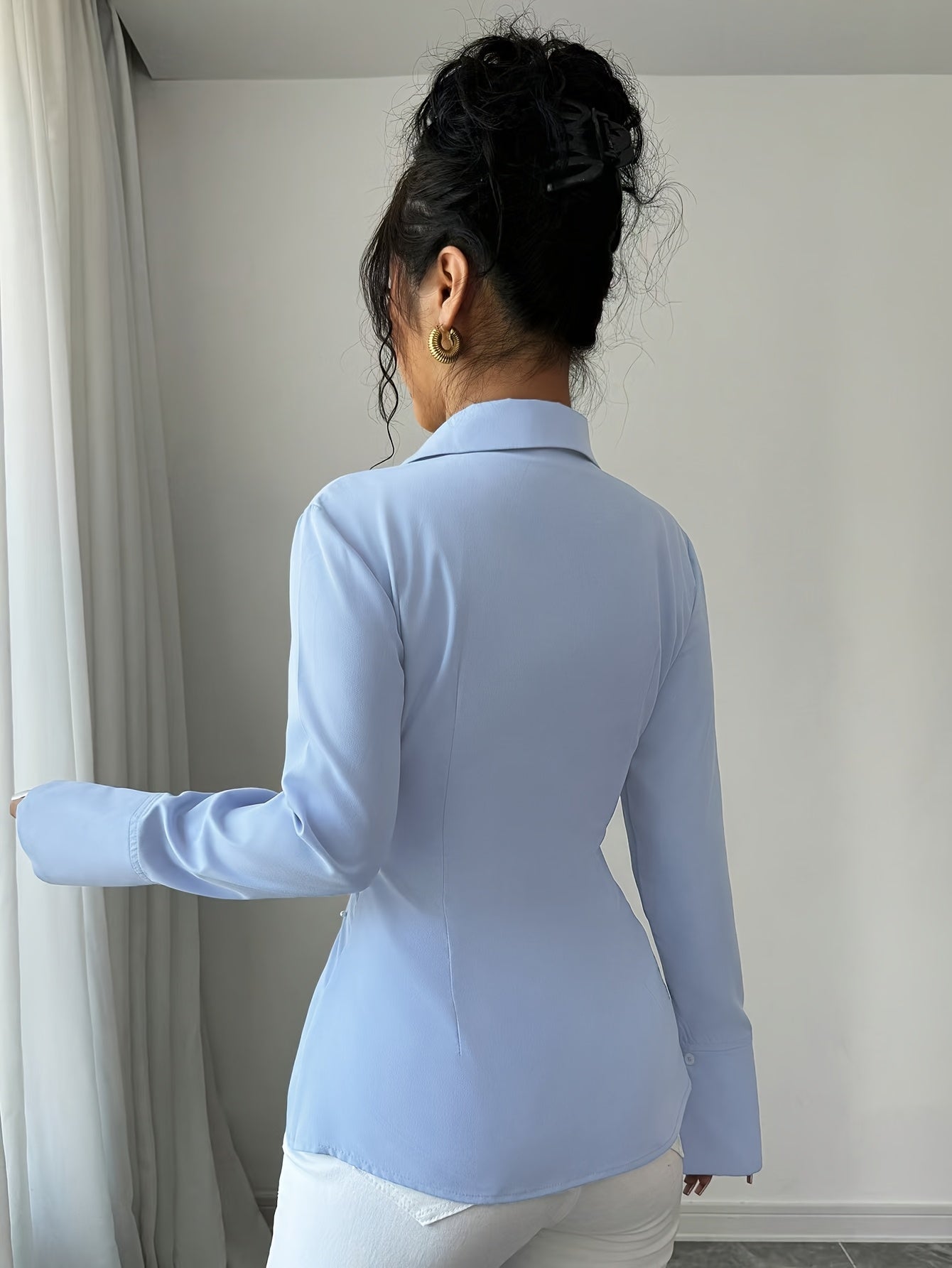 WL Atelier | Vintage Blue V-Neck Blouse with Pearl Embellishments