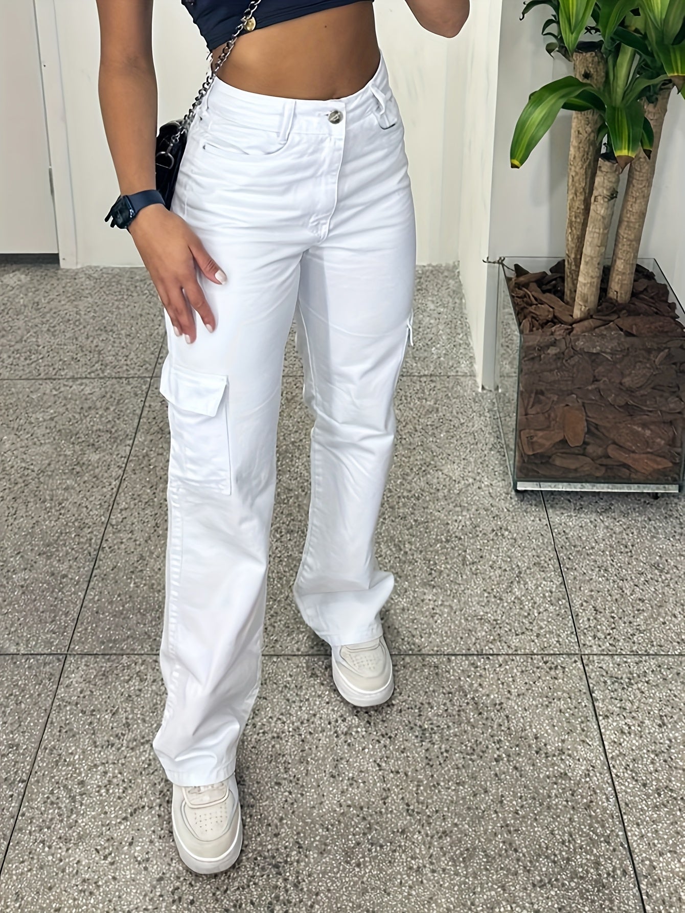 White Slim-Fit Cargo Pants with 3D Pockets
